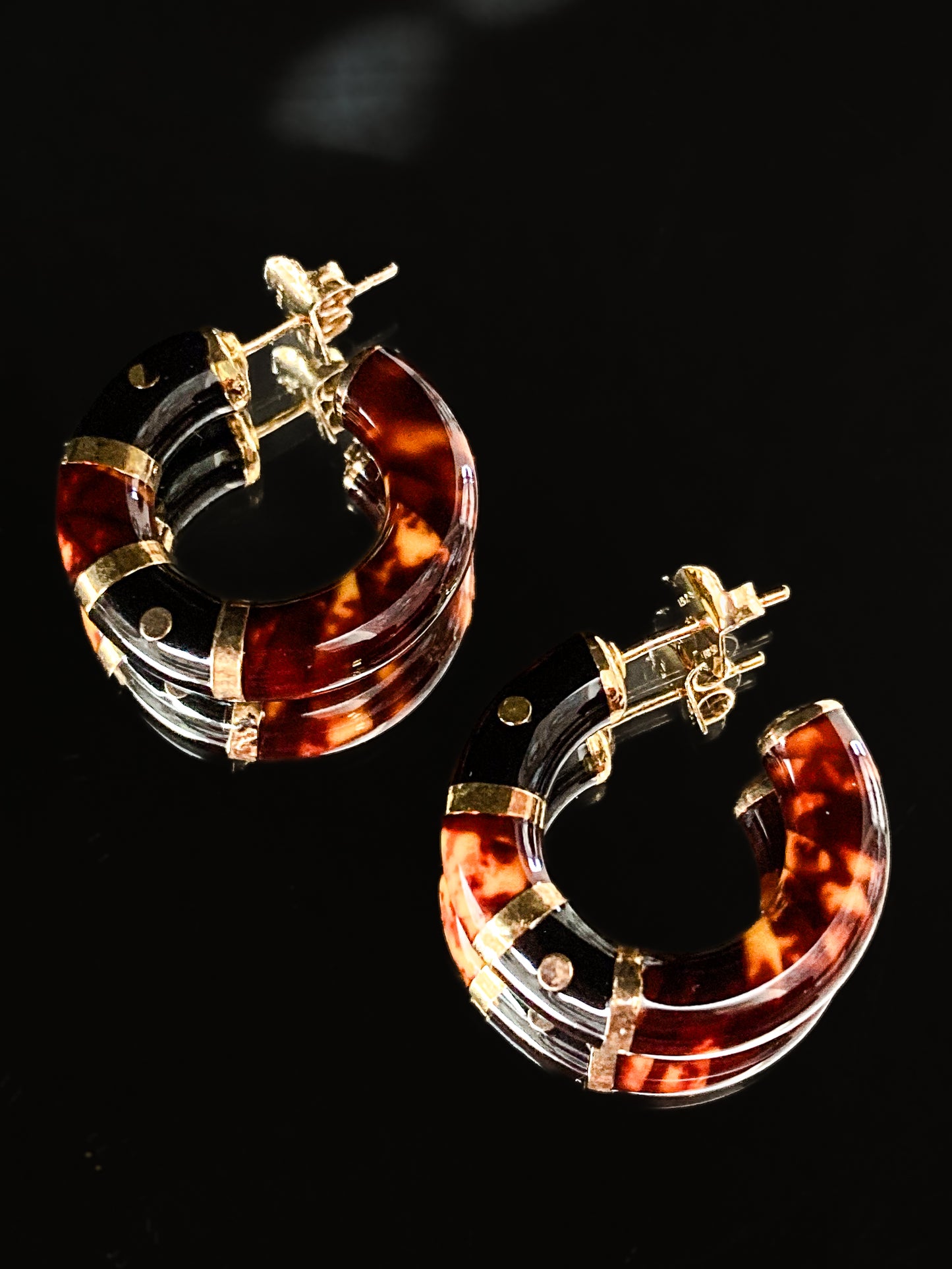 Vintage FLLI MENEGATTI Gold Vermeil 925 Tortoise Shell Black Onyx Hoop Post Earrings