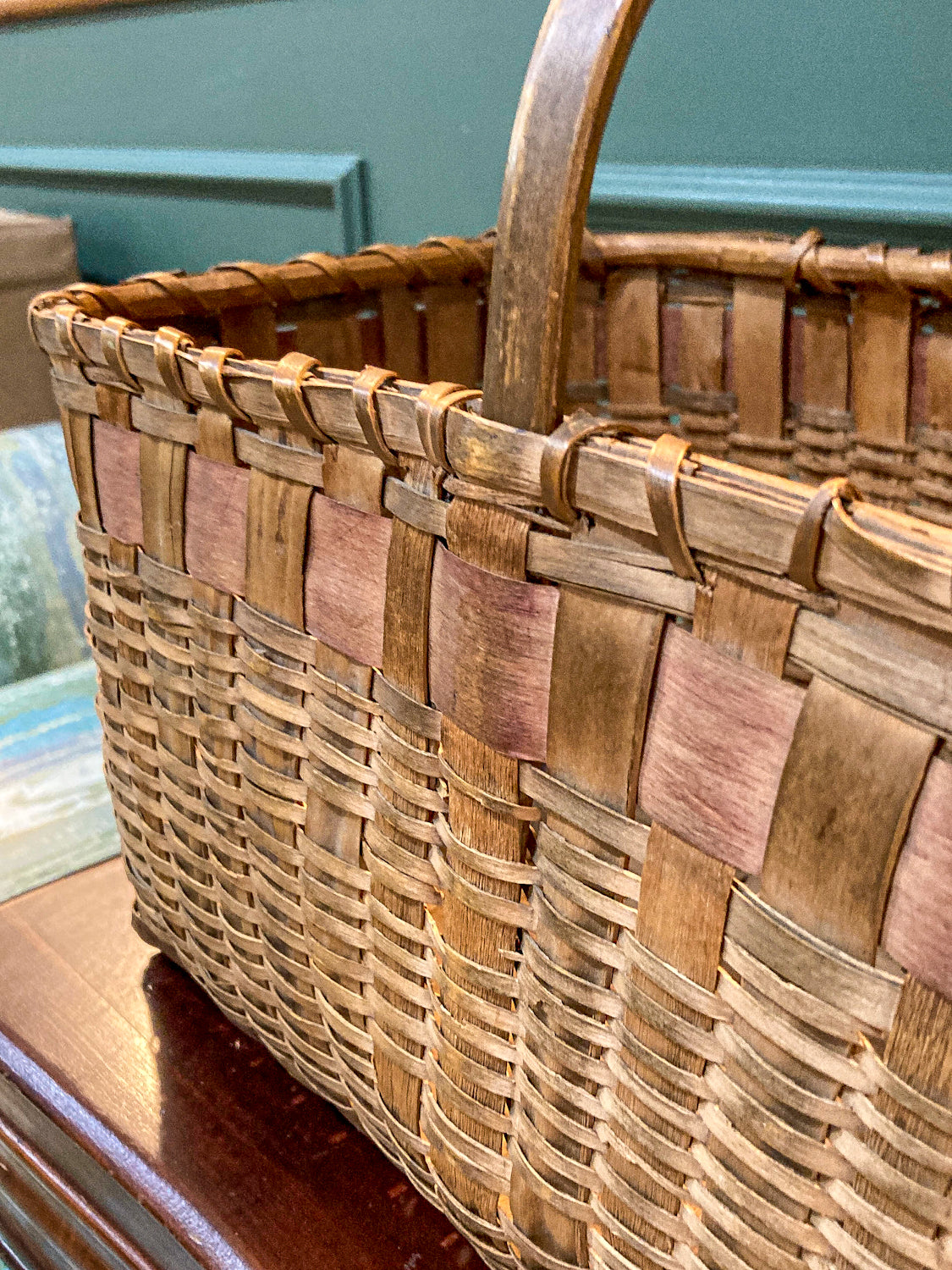 20th Century Vintage Splint Wood Angular Form Handled Rectangular Basket