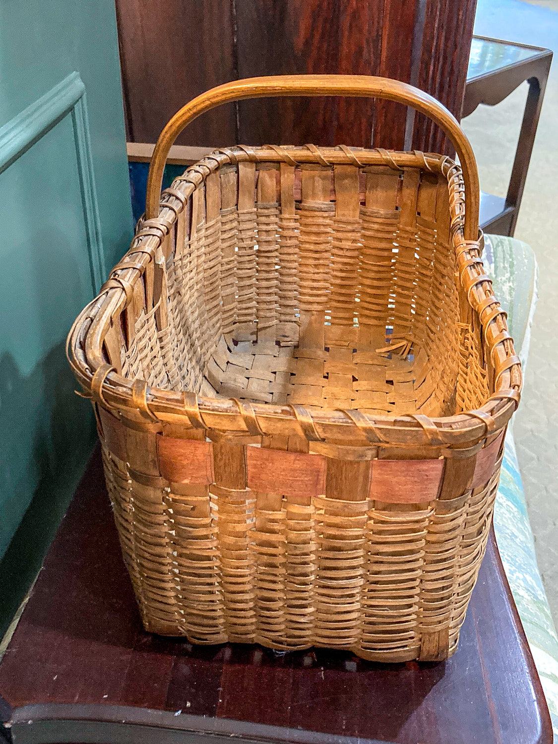 20th Century Vintage Splint Wood Angular Form Handled Rectangular Basket