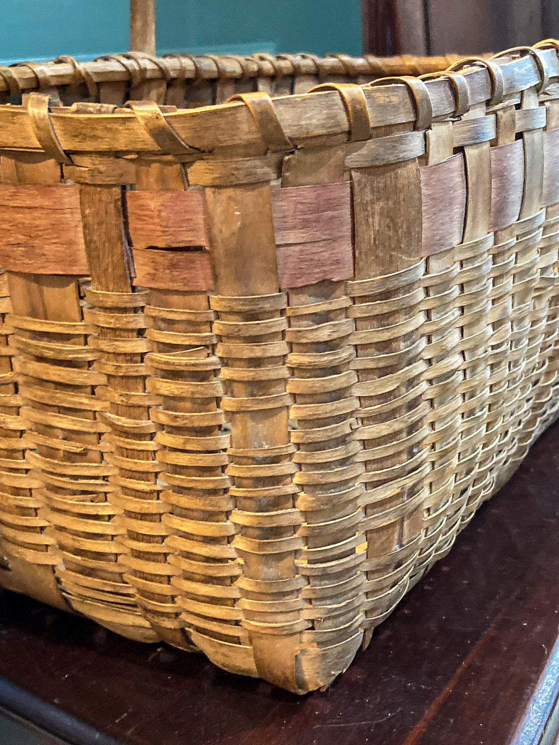 20th Century Vintage Splint Wood Angular Form Handled Rectangular Basket