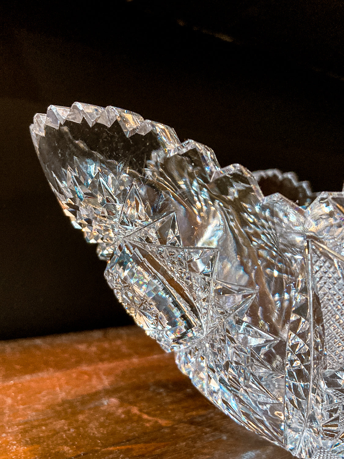Antique 1900s American Brilliant Cut Clear Glass Oval Scalloped Edge Bowl