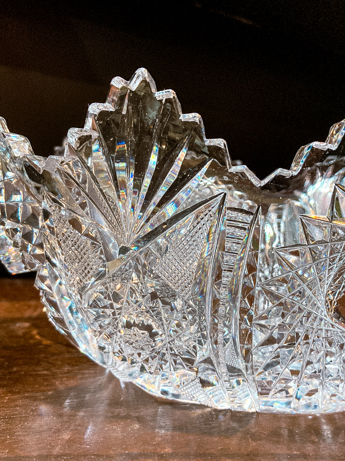 Antique 1900s American Brilliant Cut Clear Glass Oval Scalloped Edge Bowl