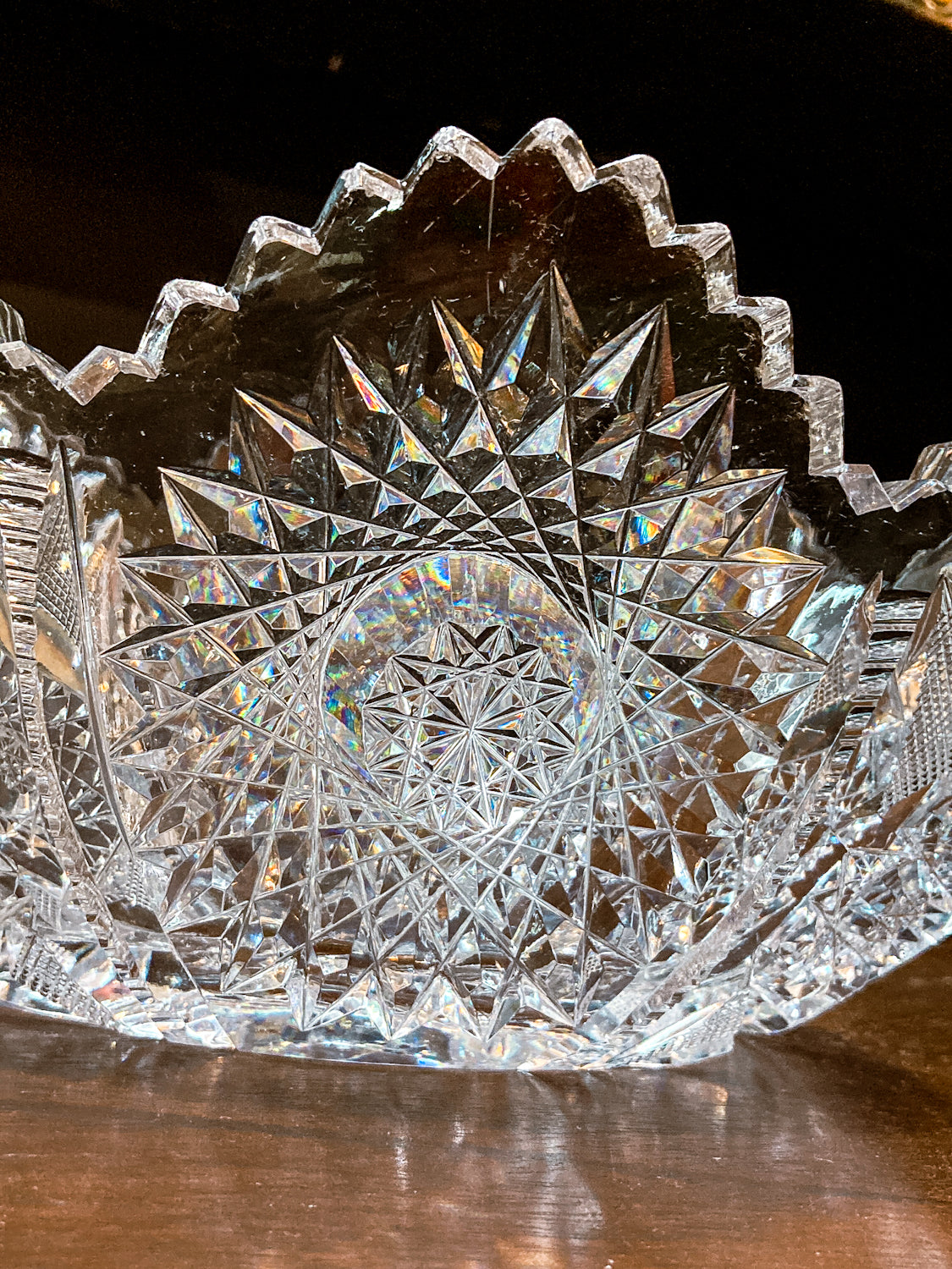 Antique 1900s American Brilliant Cut Clear Glass Oval Scalloped Edge Bowl