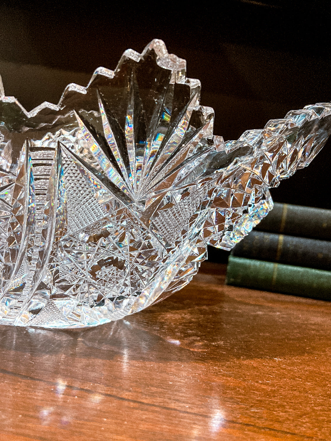 Antique 1900s American Brilliant Cut Clear Glass Oval Zig Zag Edge Bowl