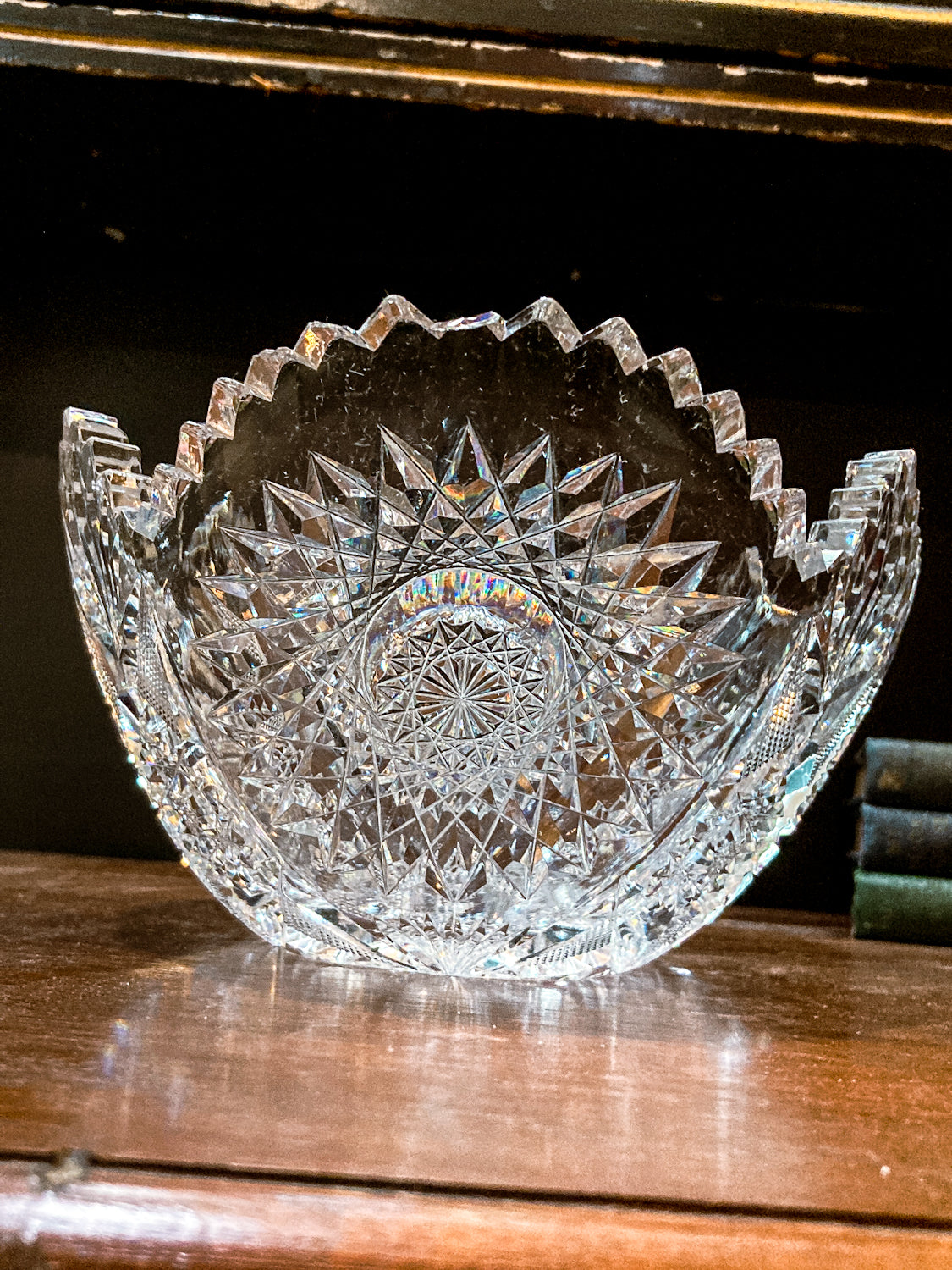 Antique 1900s American Brilliant Cut Clear Glass Oval Scalloped Edge Bowl