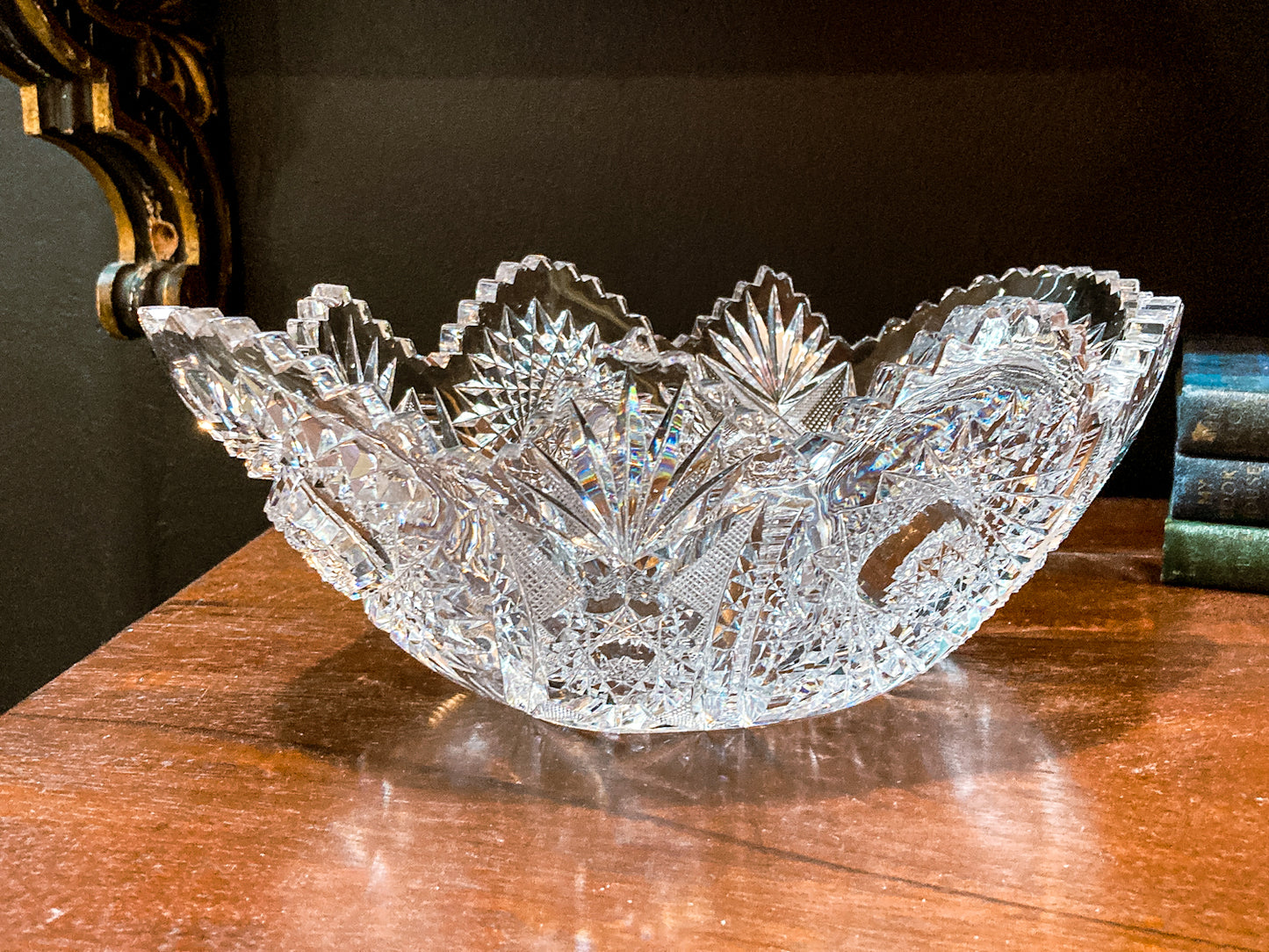 Antique 1900s American Brilliant Cut Clear Glass Oval Scalloped Edge Bowl