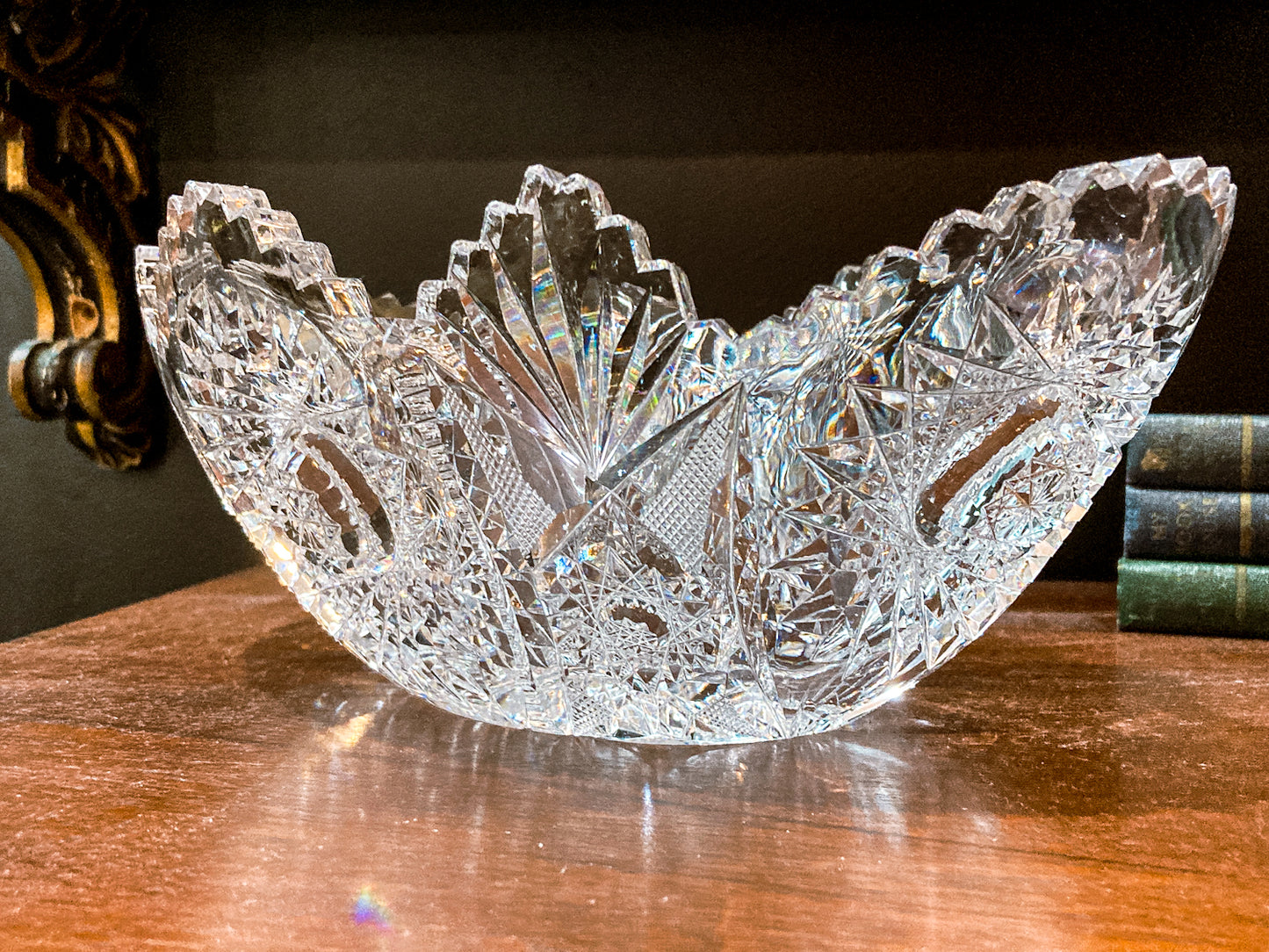 Antique 1900s American Brilliant Cut Clear Glass Oval Scalloped Edge Bowl