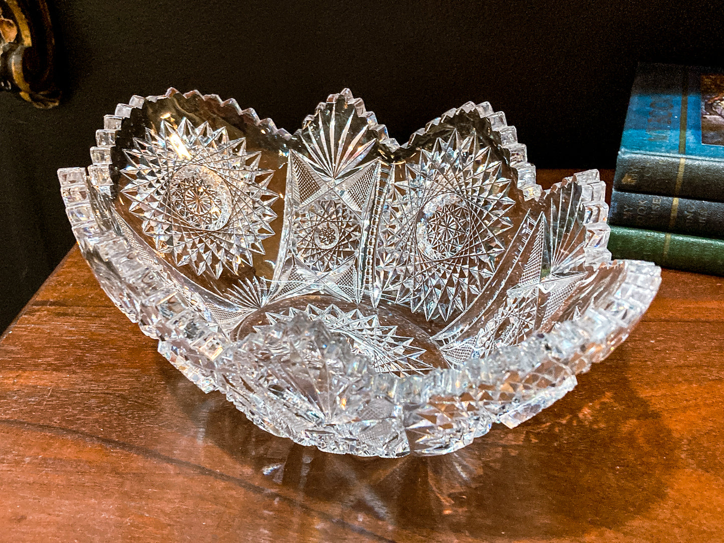 Antique 1900s American Brilliant Cut Clear Glass Oval Scalloped Edge Bowl