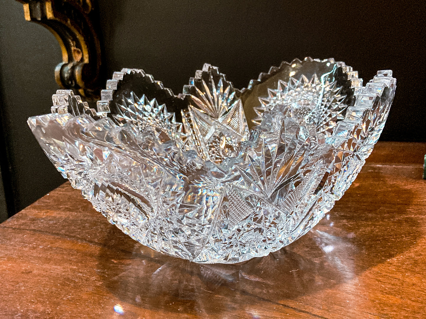 Antique 1900s American Brilliant Cut Clear Glass Oval Scalloped Edge Bowl