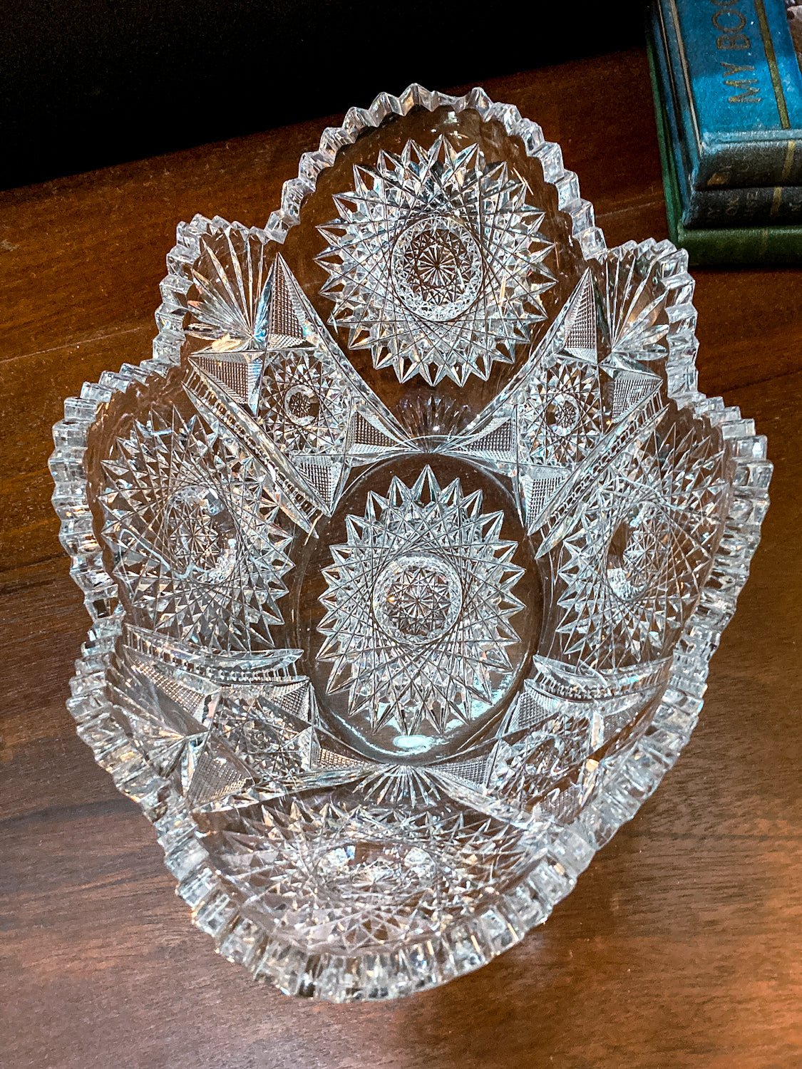 Antique 1900s American Brilliant Cut Clear Glass Oval Scalloped Edge Bowl