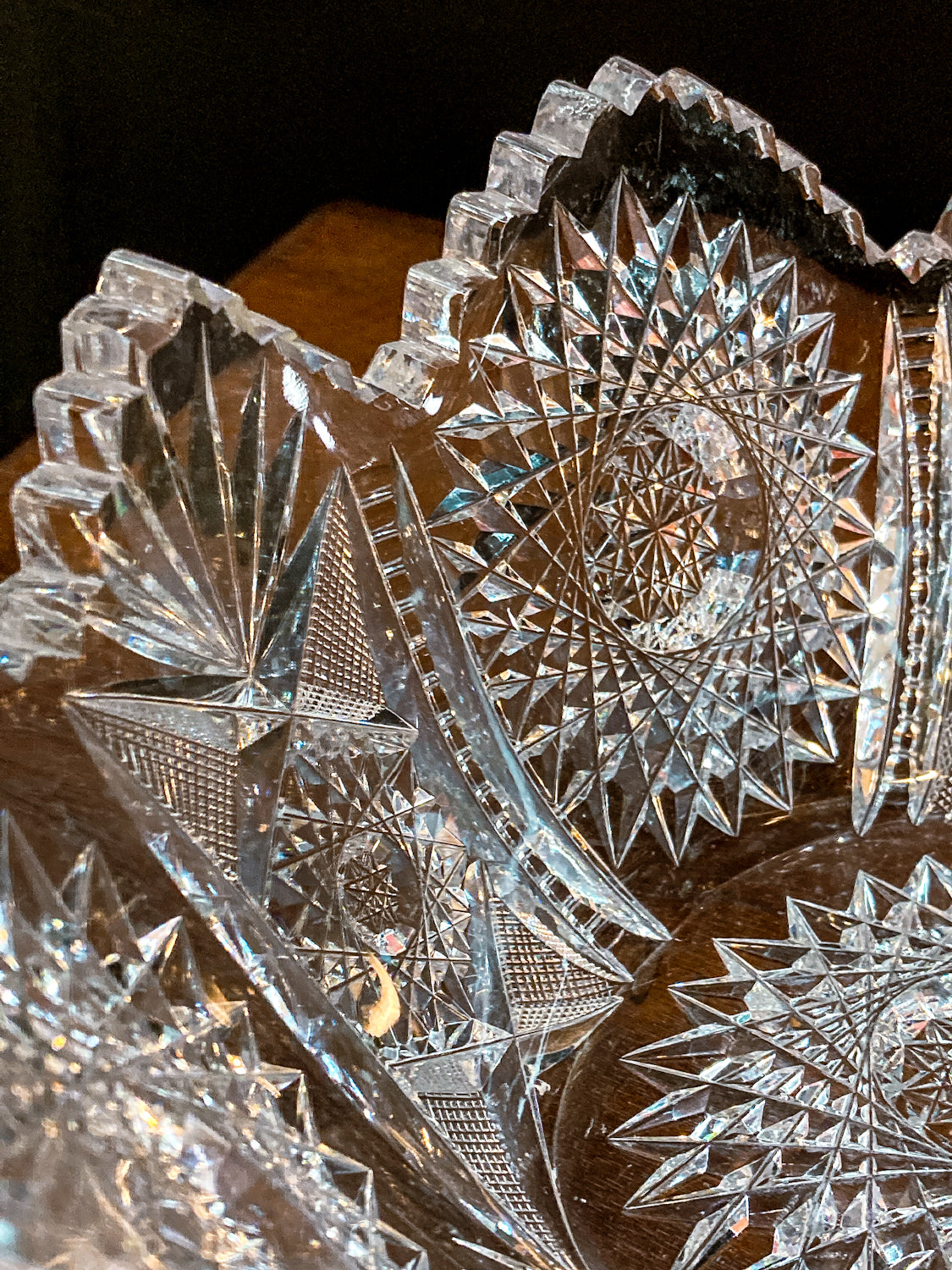 Antique 1900s American Brilliant Cut Clear Glass Oval Scalloped Edge Bowl
