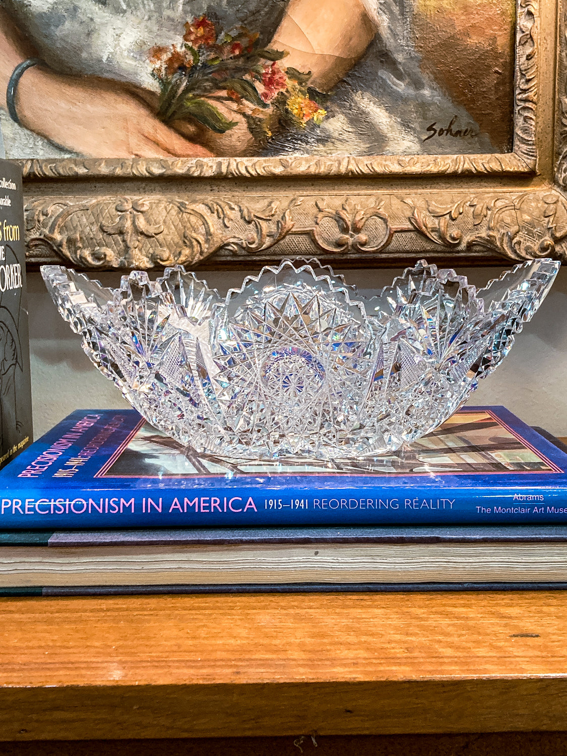 Antique 1900s American Brilliant Cut Clear Glass Oval Scalloped Edge Bowl