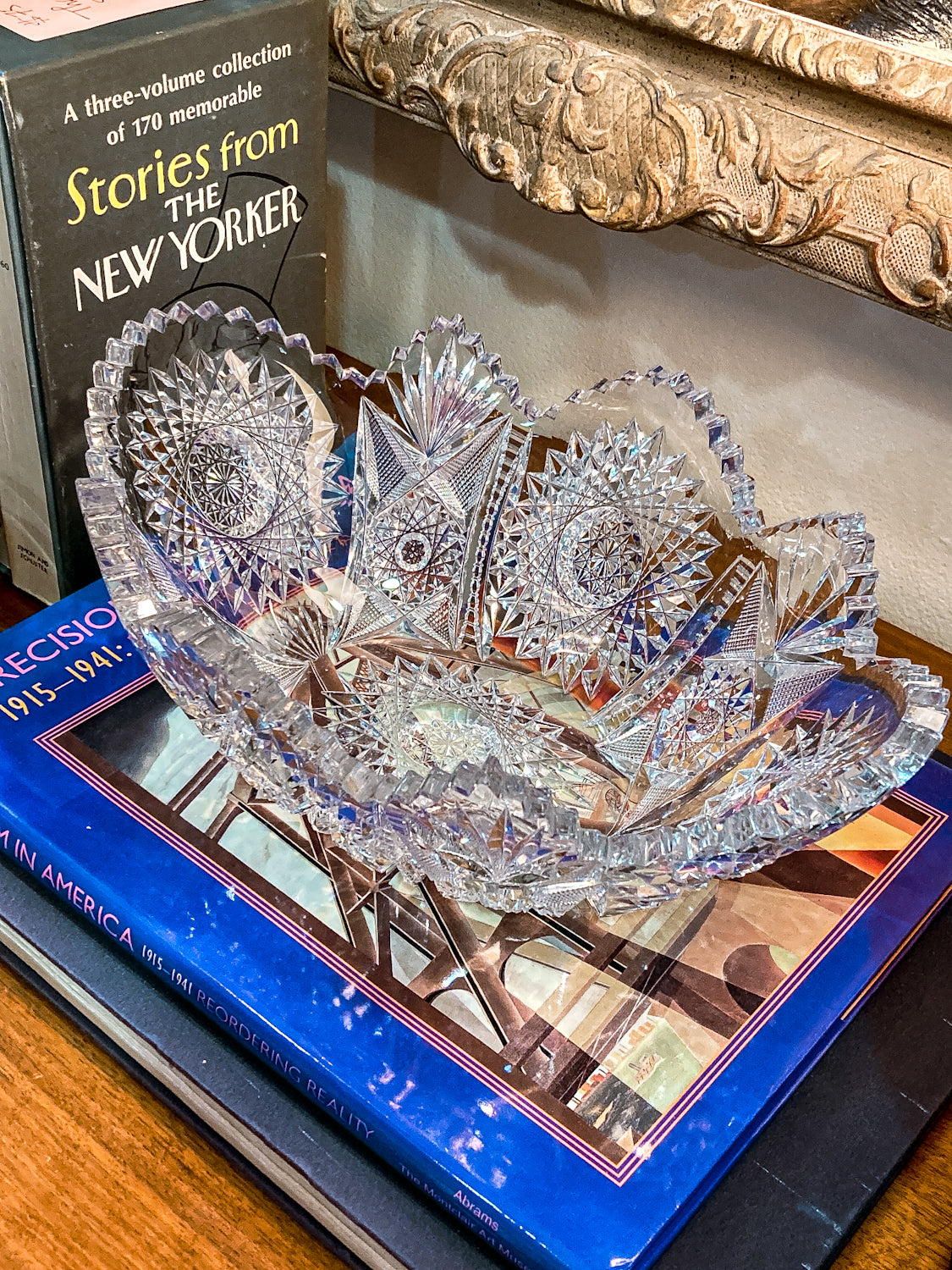 Antique 1900s American Brilliant Cut Clear Glass Oval Scalloped Edge Bowl