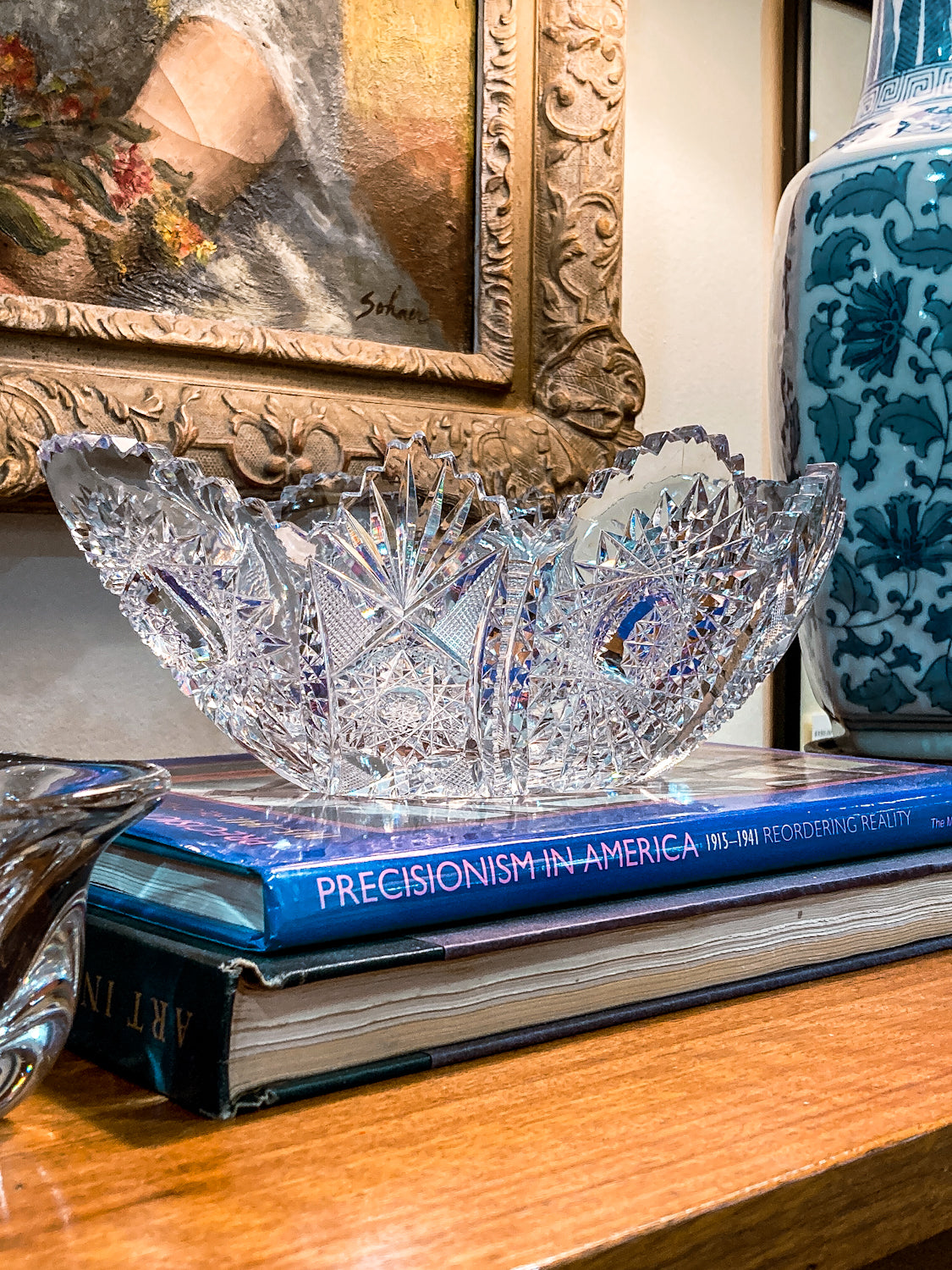 Antique 1900s American Brilliant Cut Clear Glass Oval Scalloped Edge Bowl