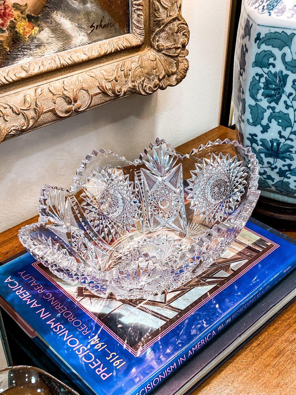 Antique 1900s American Brilliant Cut Clear Glass Oval Scalloped Edge Bowl