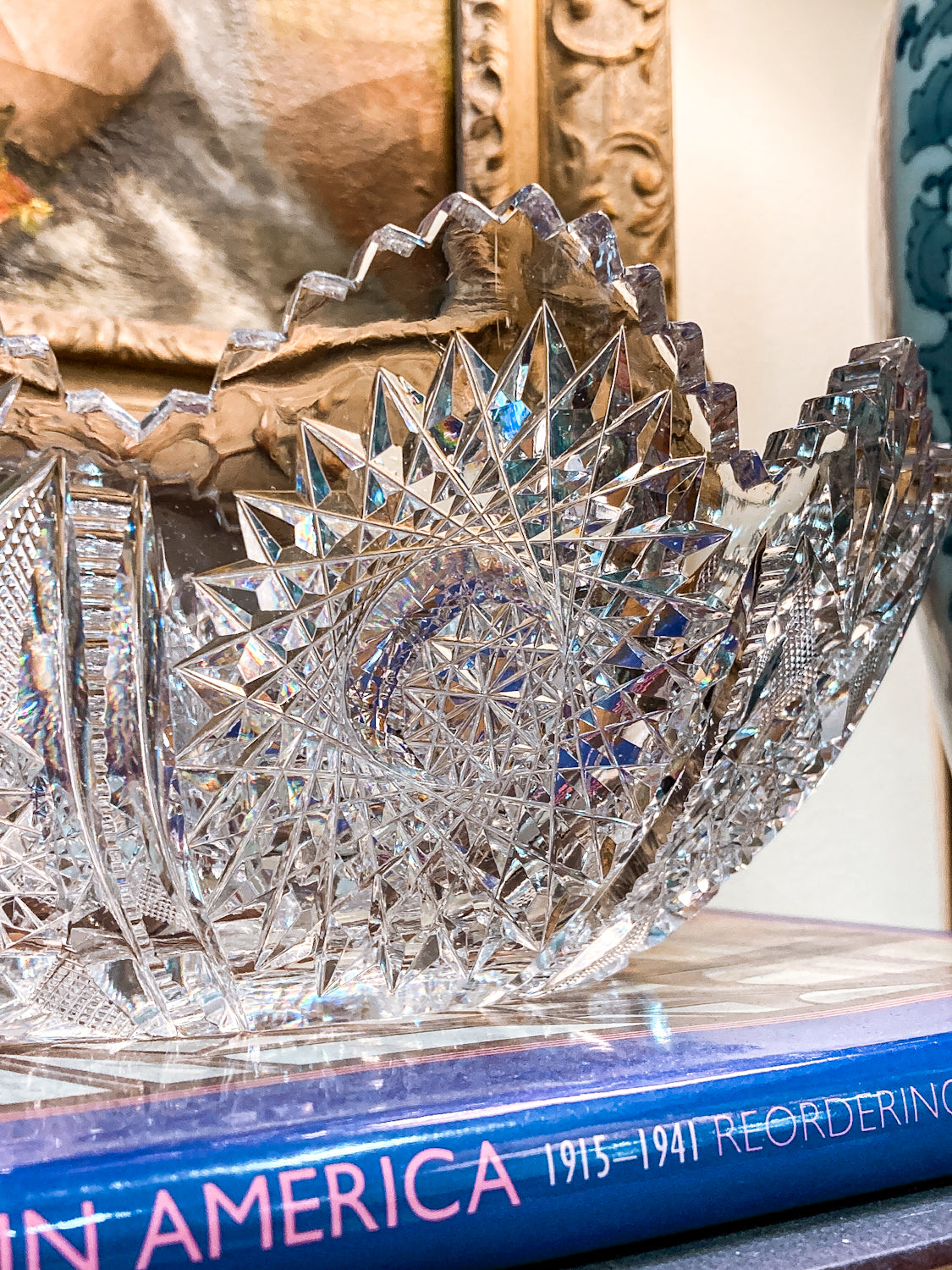 Antique 1900s American Brilliant Cut Clear Glass Oval Scalloped Edge Bowl