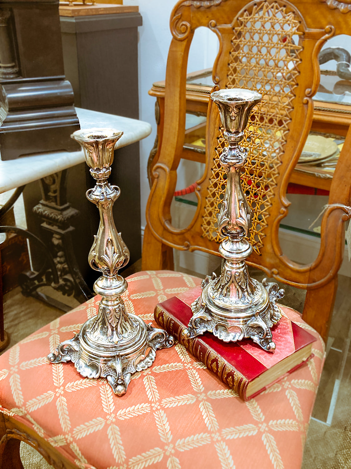 Antique 19th Century Polish Silver Plated Ornate Shabbat Candlesticks