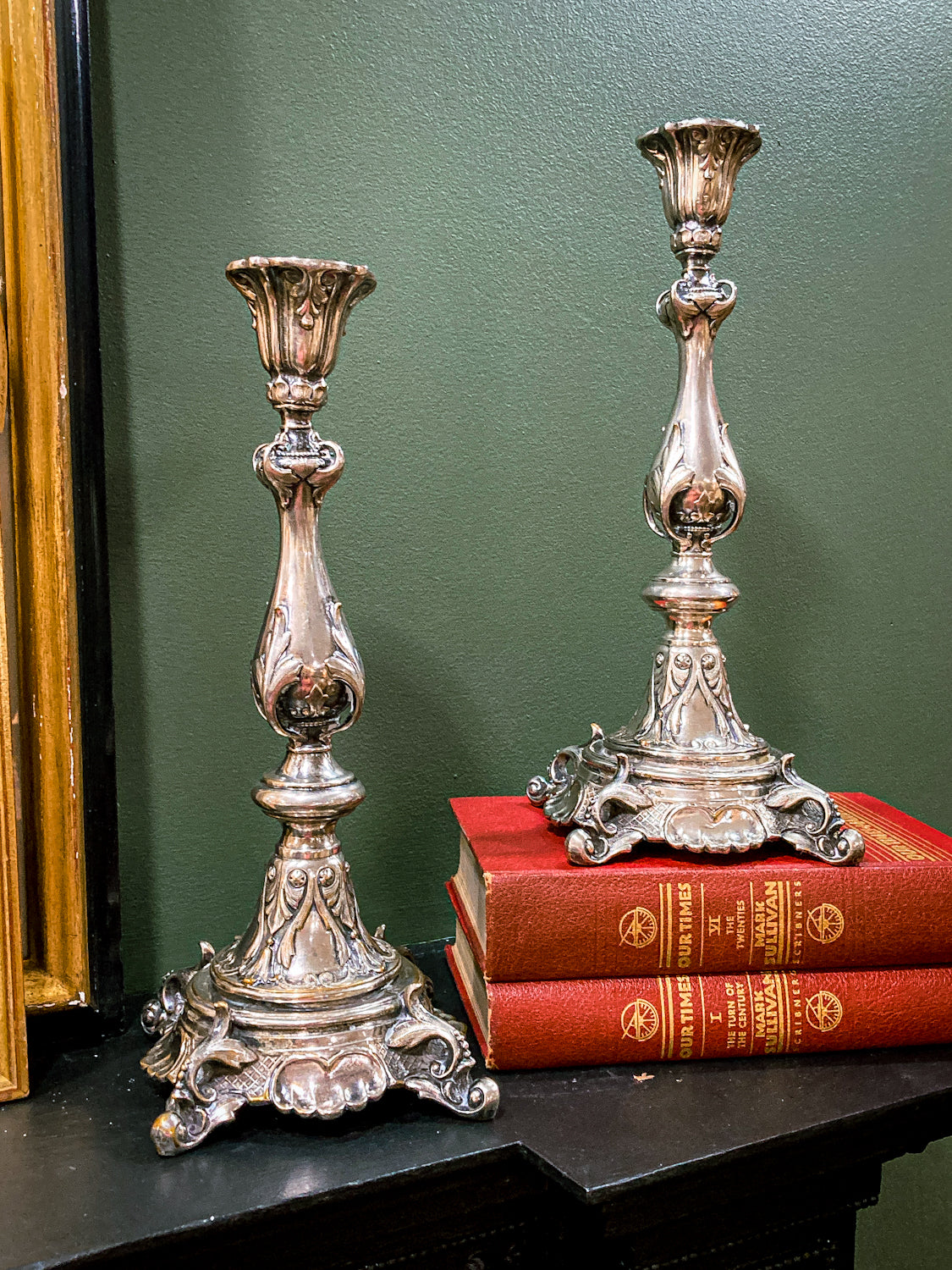 Antique 19th Century Polish Silver Plated Ornate Shabbat Candlesticks