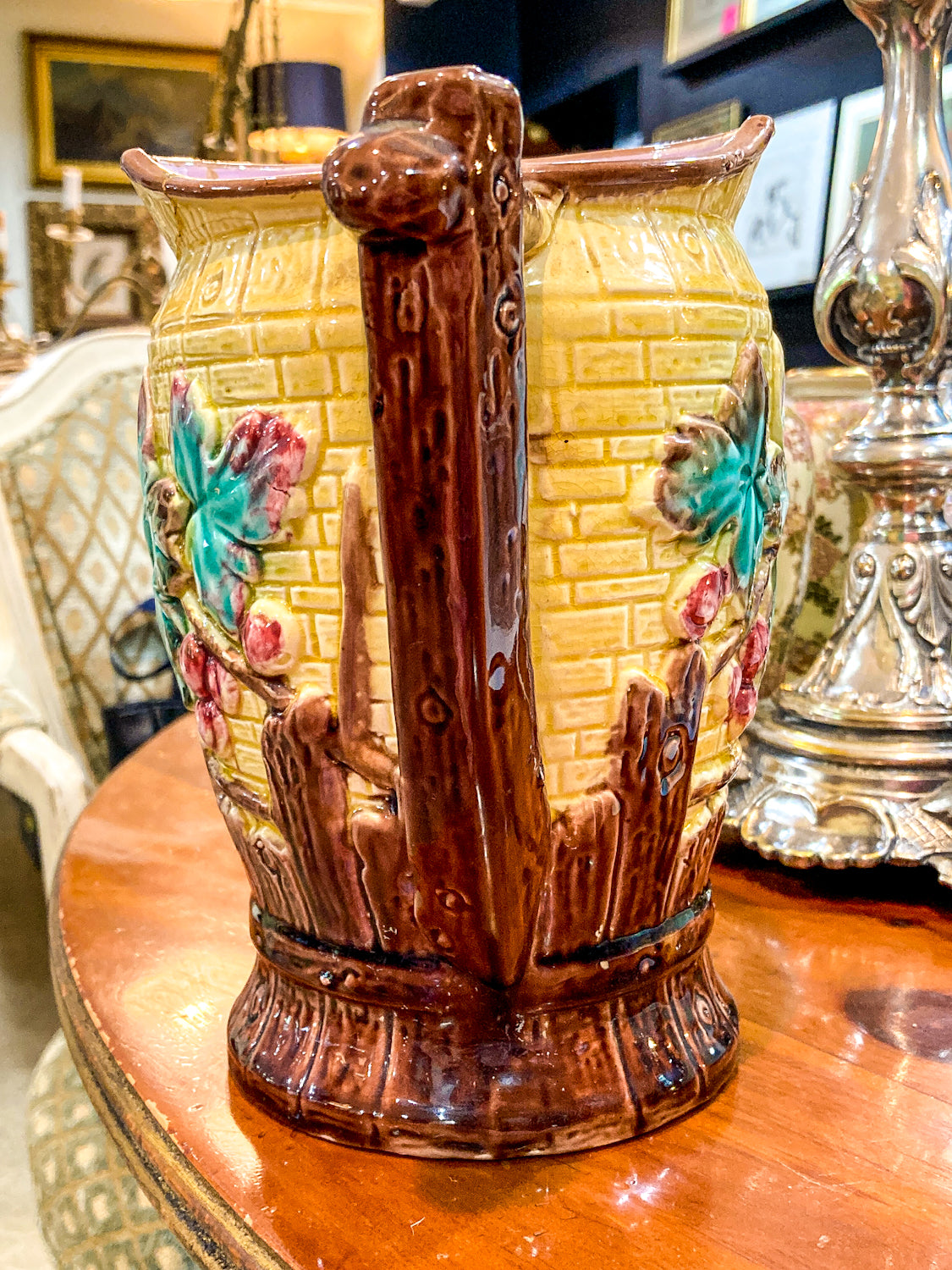 Antique English Fruit Tree Brick Fence Pattern Majolica Large Ceramic Pitcher