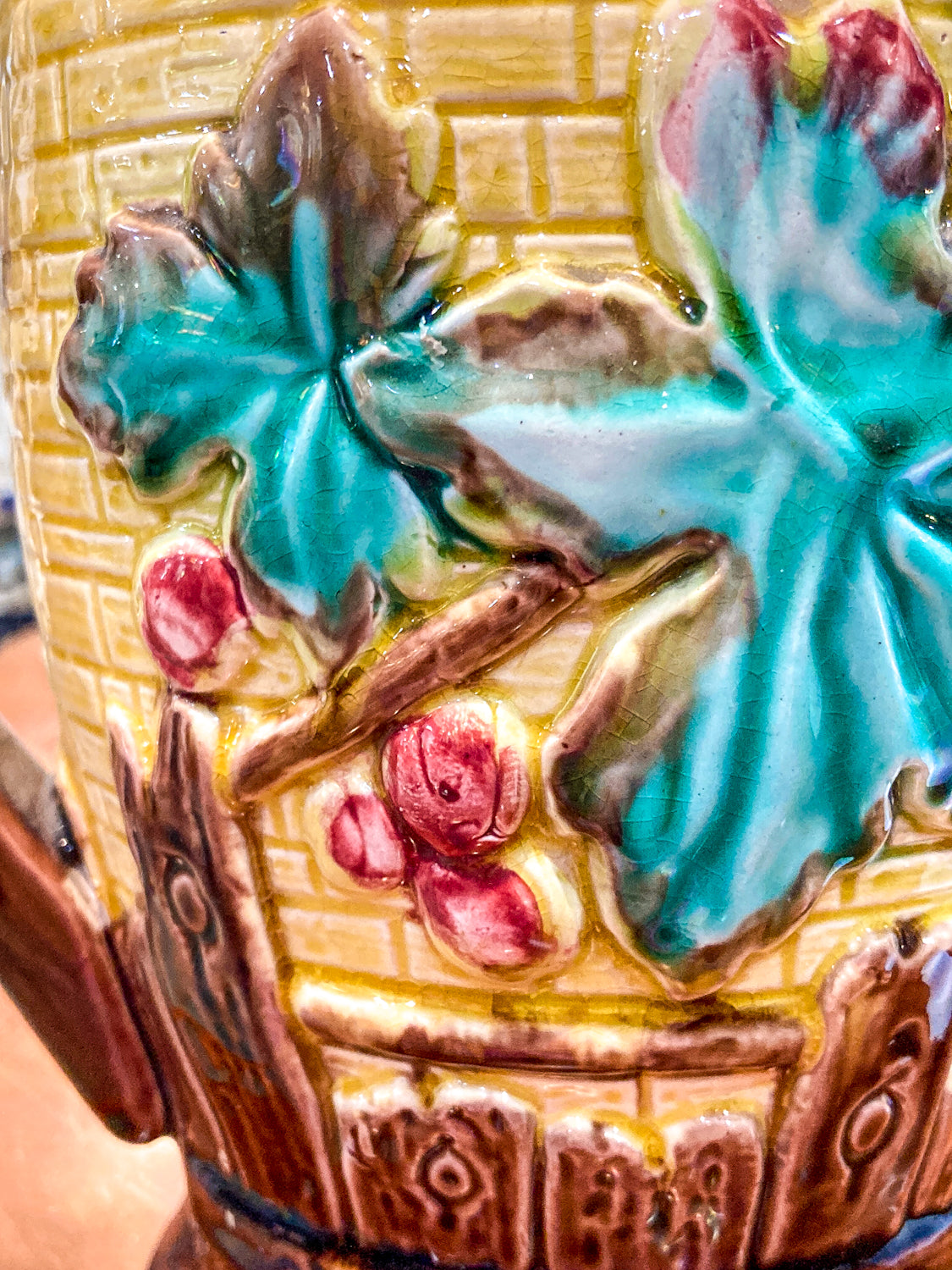 Antique English Fruit Tree Brick Fence Pattern Majolica Large Ceramic Pitcher