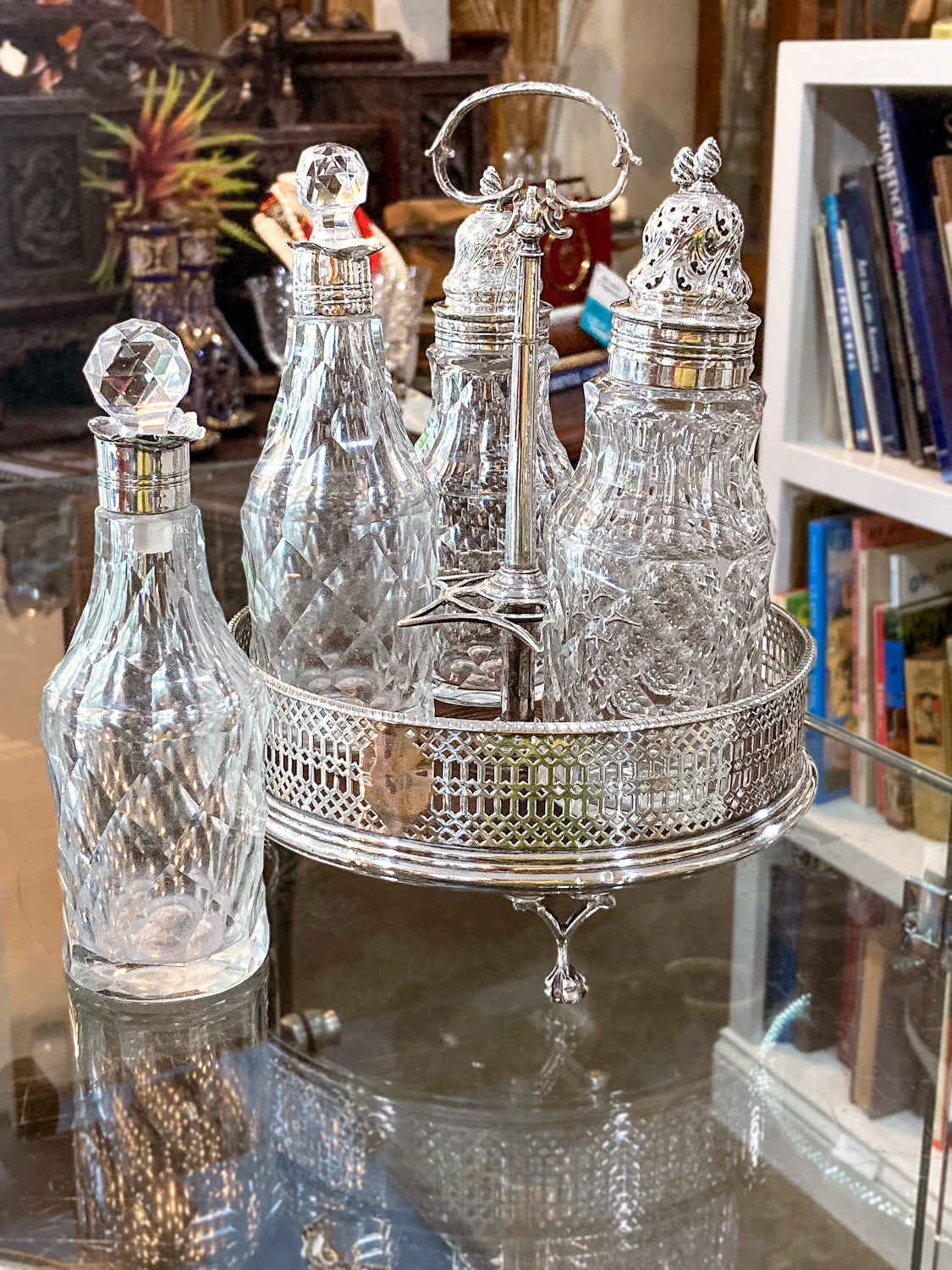 Antique Georgian Robert Makepeace English Sterling Silver Glass Cruet Set