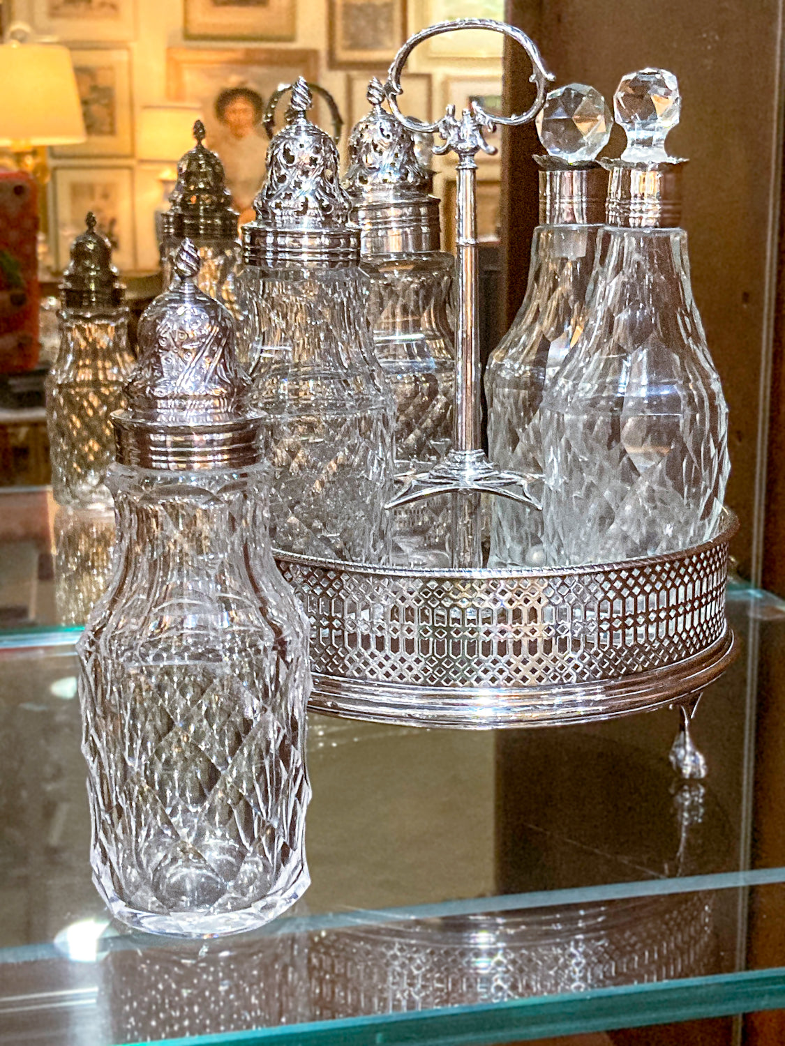 Antique Georgian Robert Makepeace English Sterling Silver Glass Cruet Set