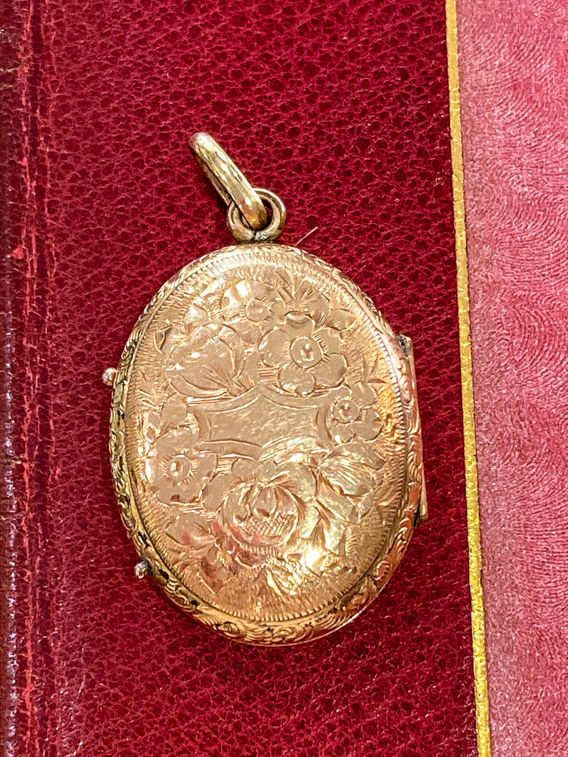 Antique Gold Filled Oval Floral Engraved Mourning Hair Locket Pendant