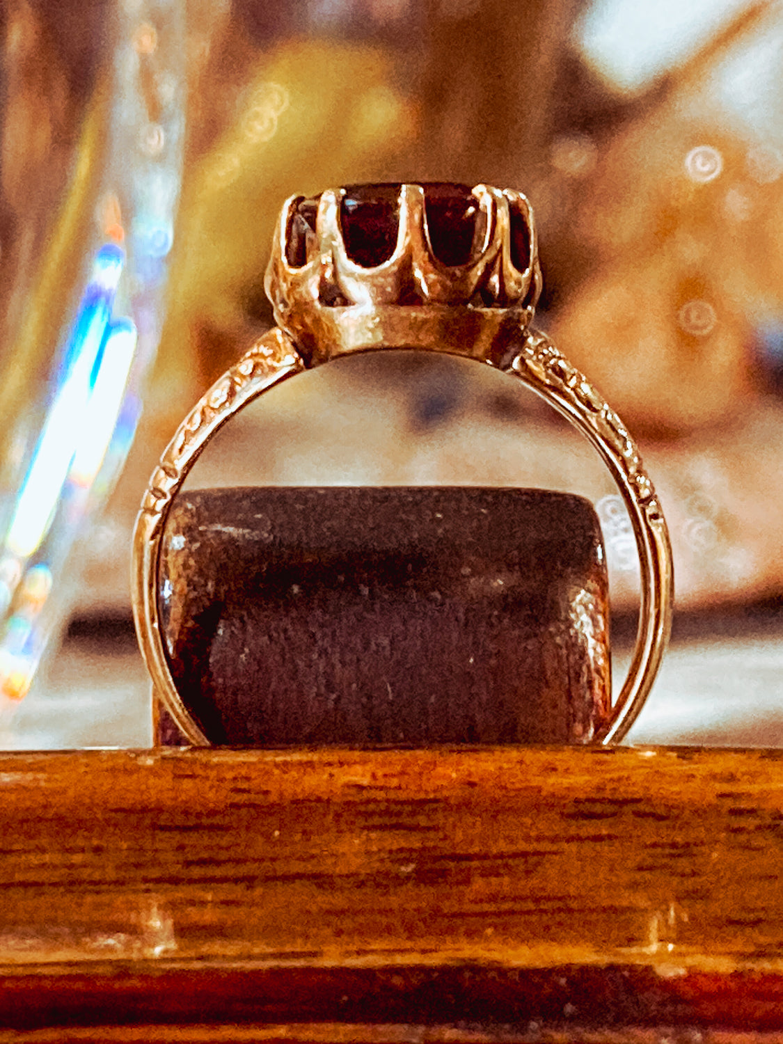 Antique Yellow Gold Filled Hand Engraved Square Cut Faux Red Ruby Petite Ring