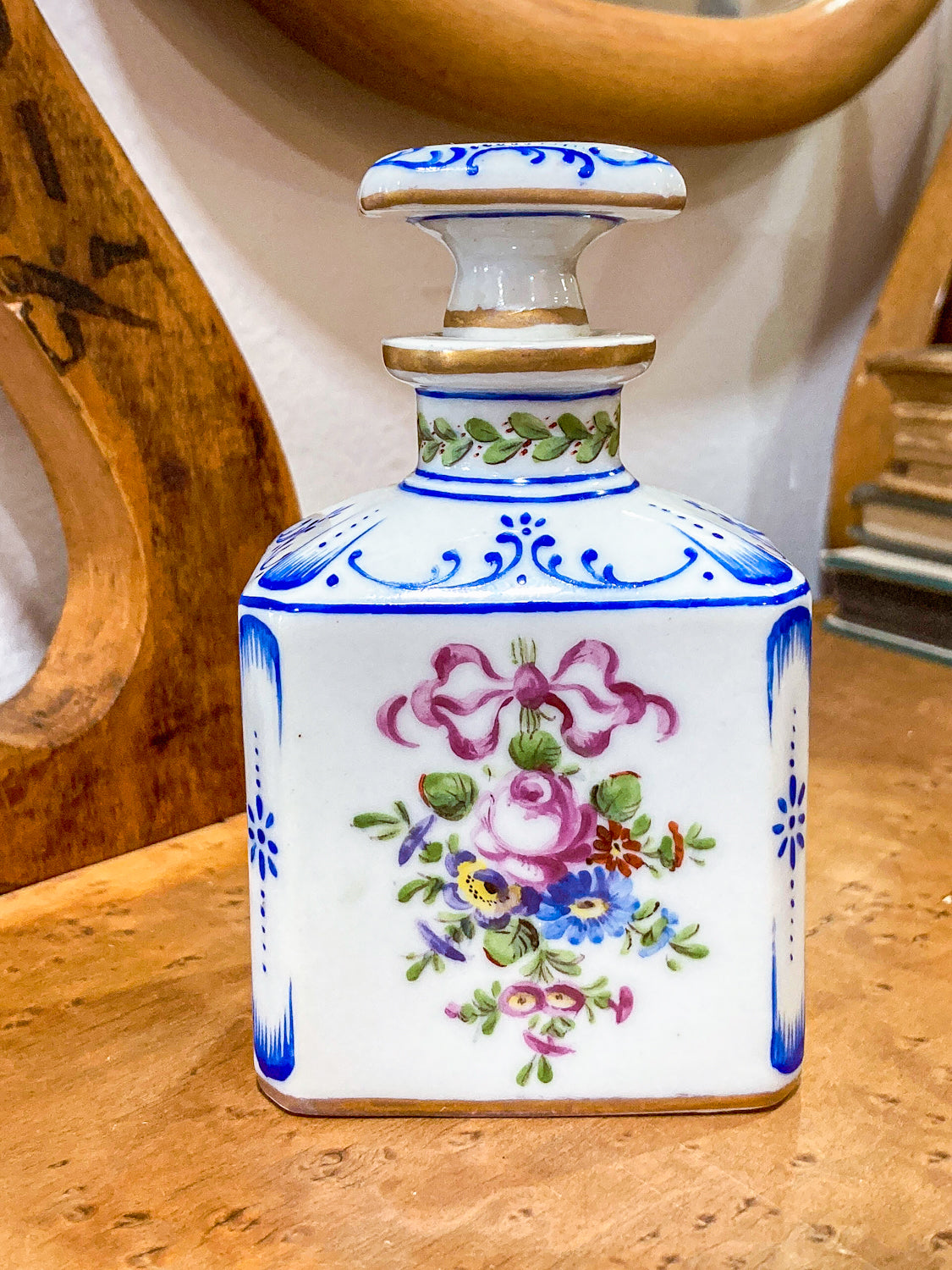 Antique Pair Hand Painted Floral French Porcelain Scent Fragrance Bottles