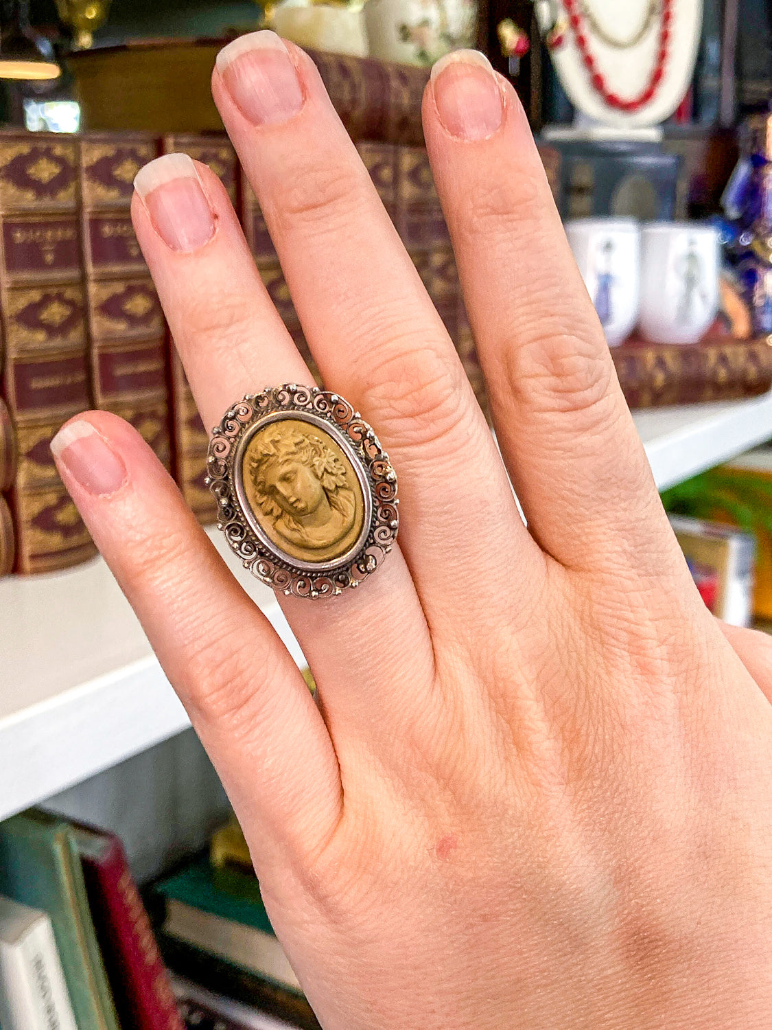 Antique Victorian Gold Sterling Silver Filigree Lava Stone Cameo Ring
