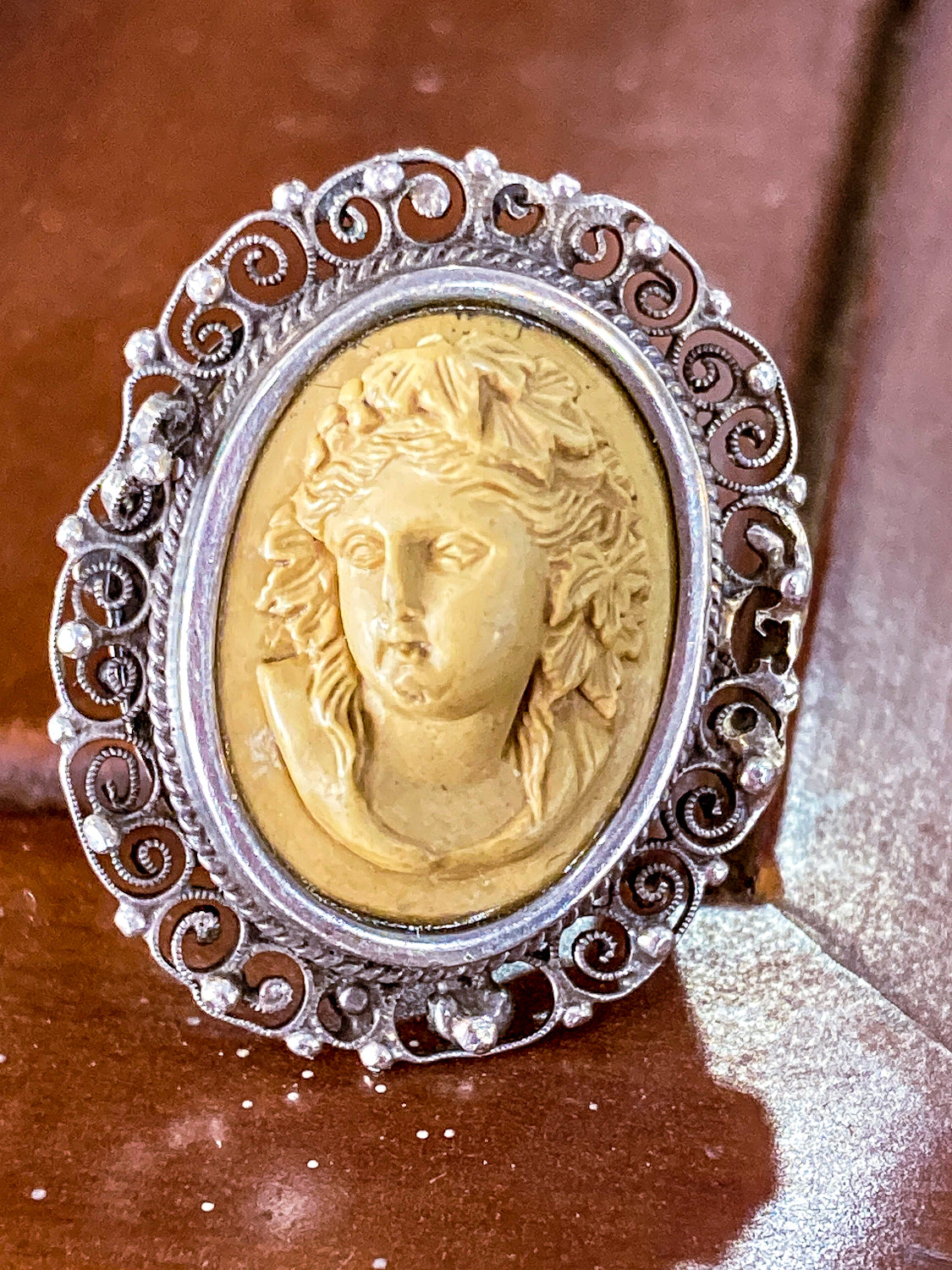 Antique Victorian Gold Sterling Silver Filigree Lava Stone Cameo Ring