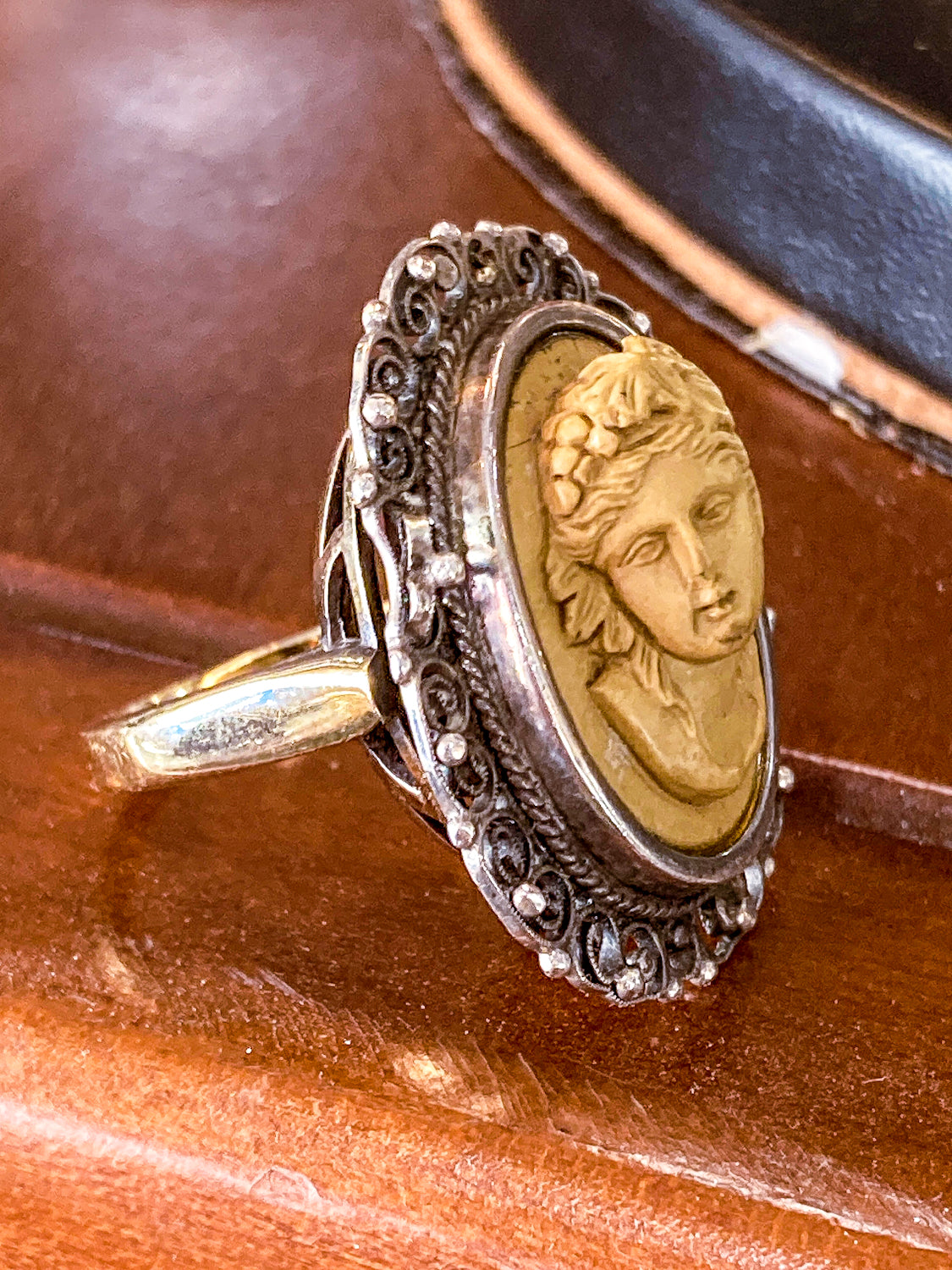 Antique Victorian Gold Sterling Silver Filigree Lava Stone Cameo Ring