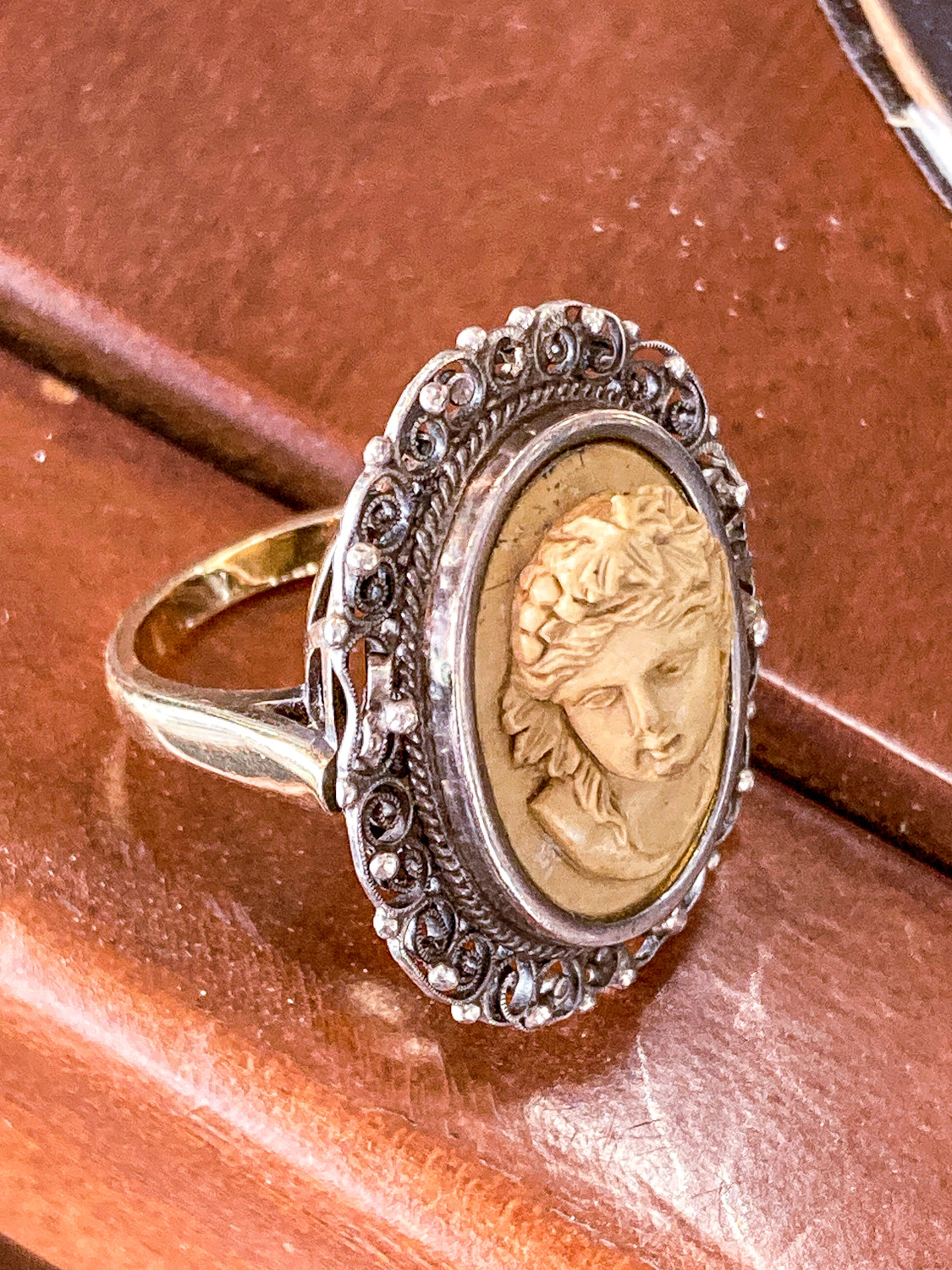Antique Victorian Gold Sterling Silver Filigree Lava Stone Cameo Ring