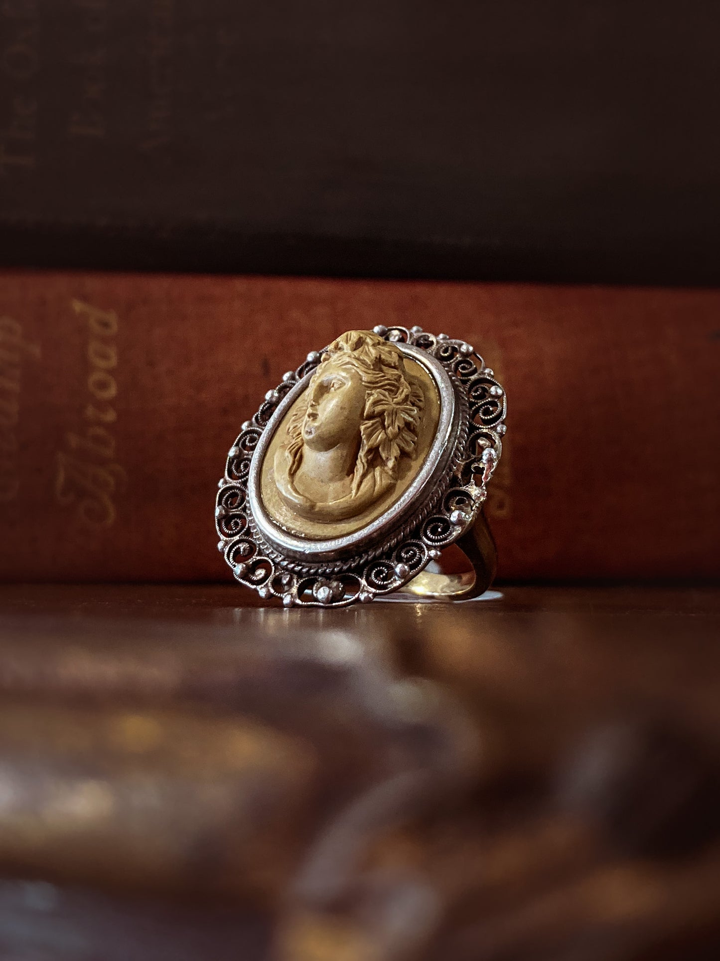 Antique Victorian Gold Sterling Silver Filigree Lava Stone Cameo Ring