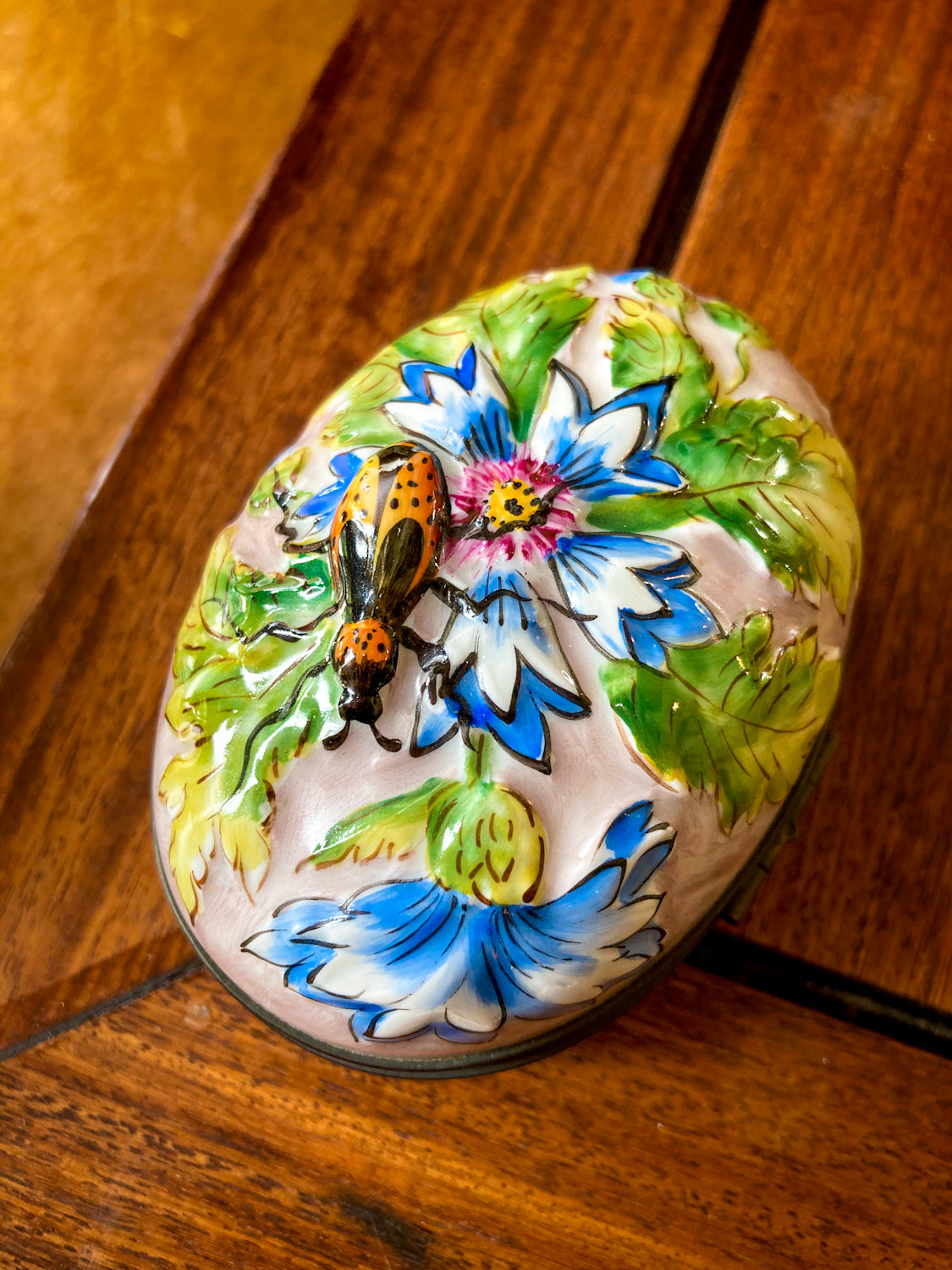 Limoges France Floral Beetle Pink Glass Style Oval Porcelain Pillbox