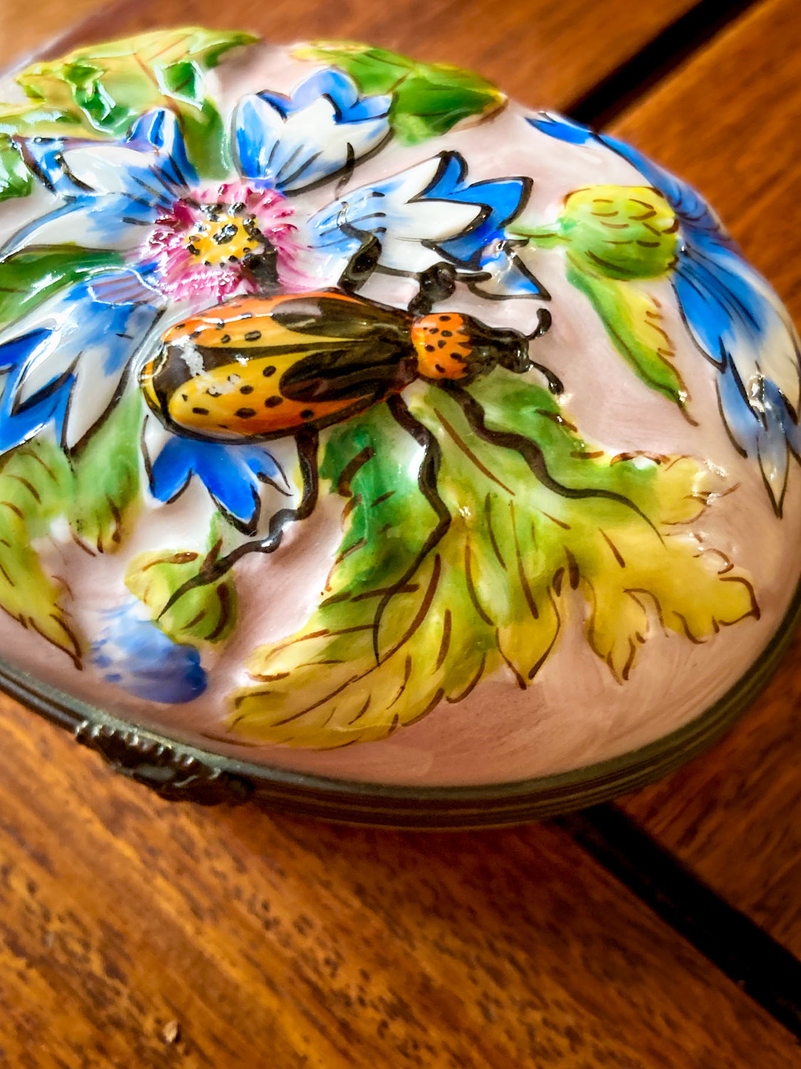 Limoges France Floral Beetle Pink Glass Style Oval Porcelain Pillbox