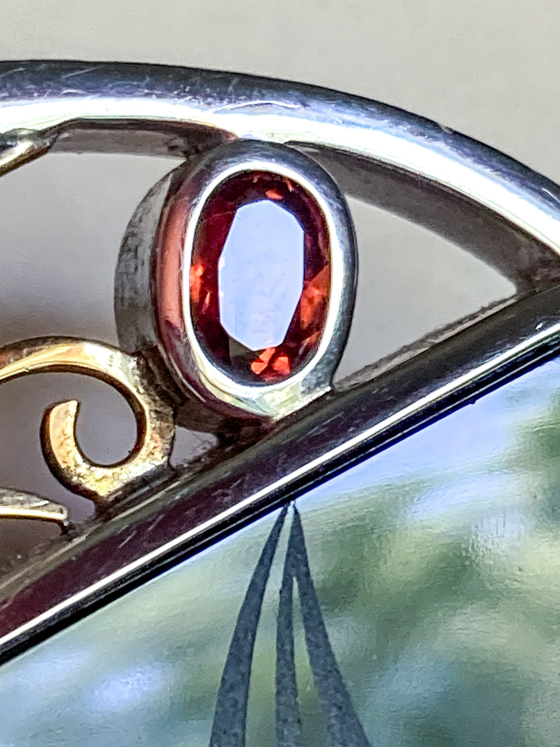 Artisan Triple Diamond 14K Yellow Gold Sterling Silver Etched Black Agate Pendant