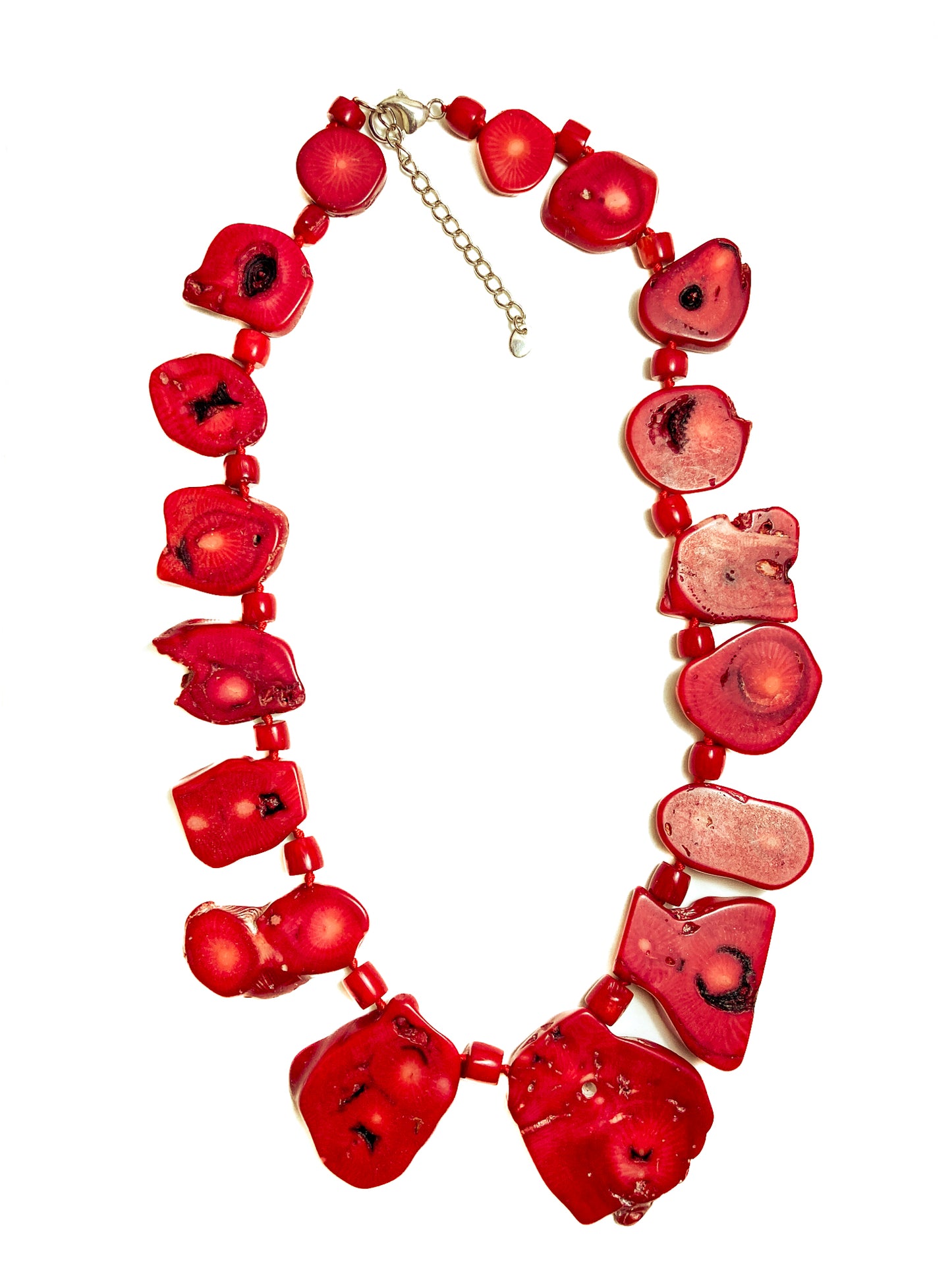 Bold LUC Lucas Lameth Red Coral Stone Graduated Bead Sterling Silver Necklace on white background