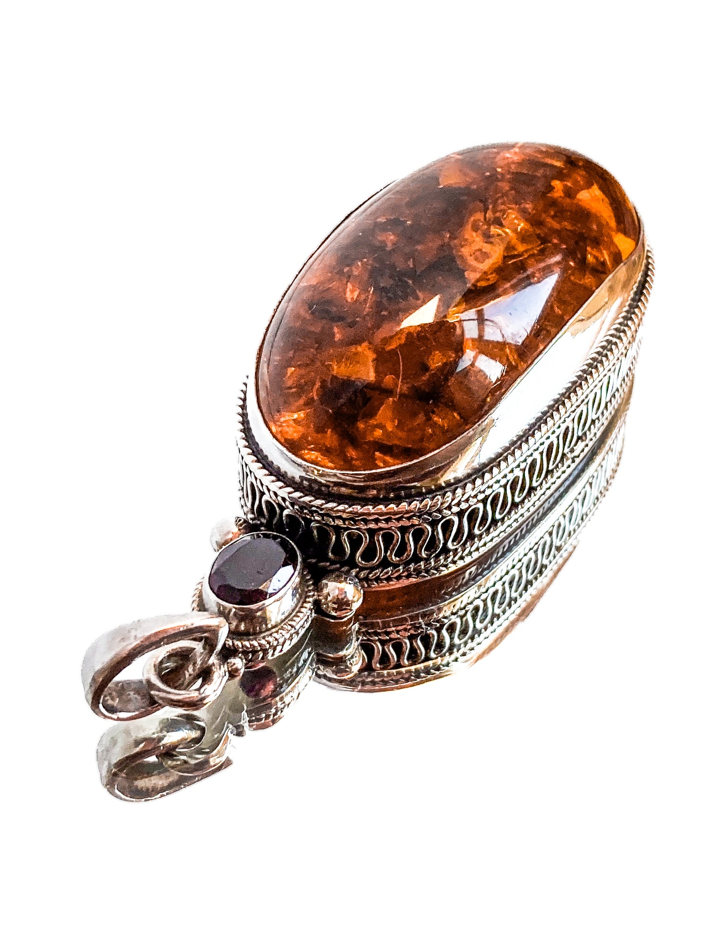 Large Vintage Sterling Silver Amber Oval Amethyst Statement Pendant