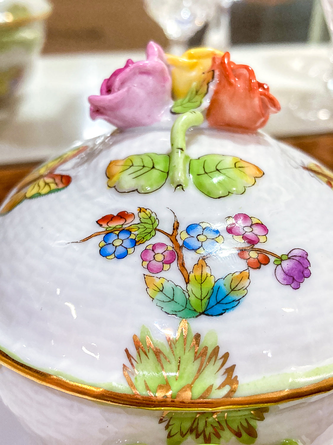 Miniature Queen Victoria Pattern Herend Hand Painted Porcelain Bonbonniere Jar