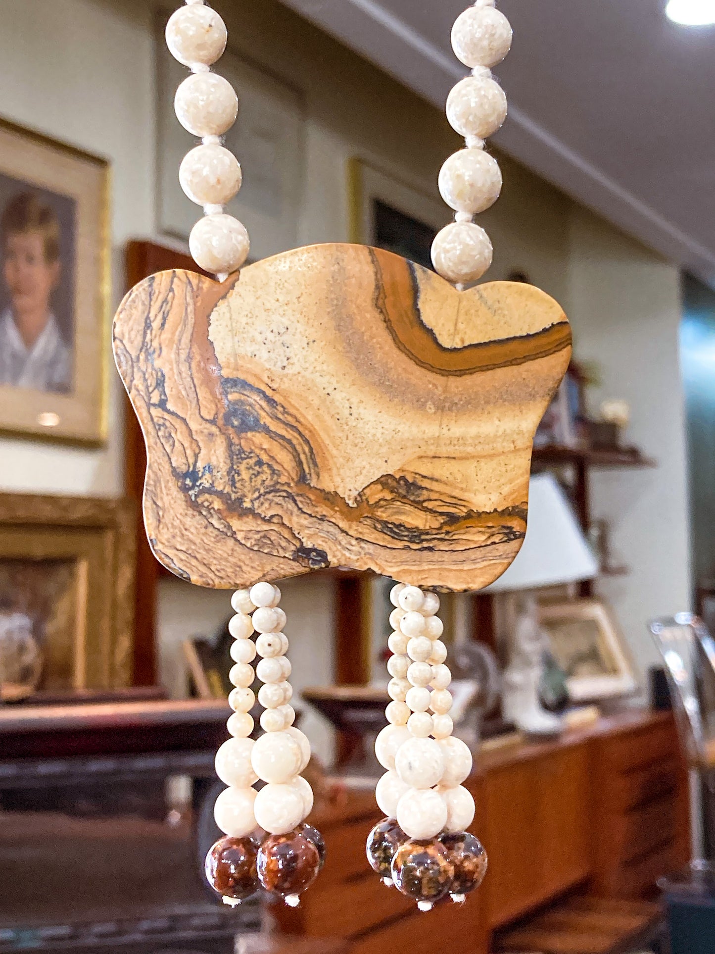 Stunning Natural Stone Pendant Hand Knotted Bead Tassel Statement Necklace