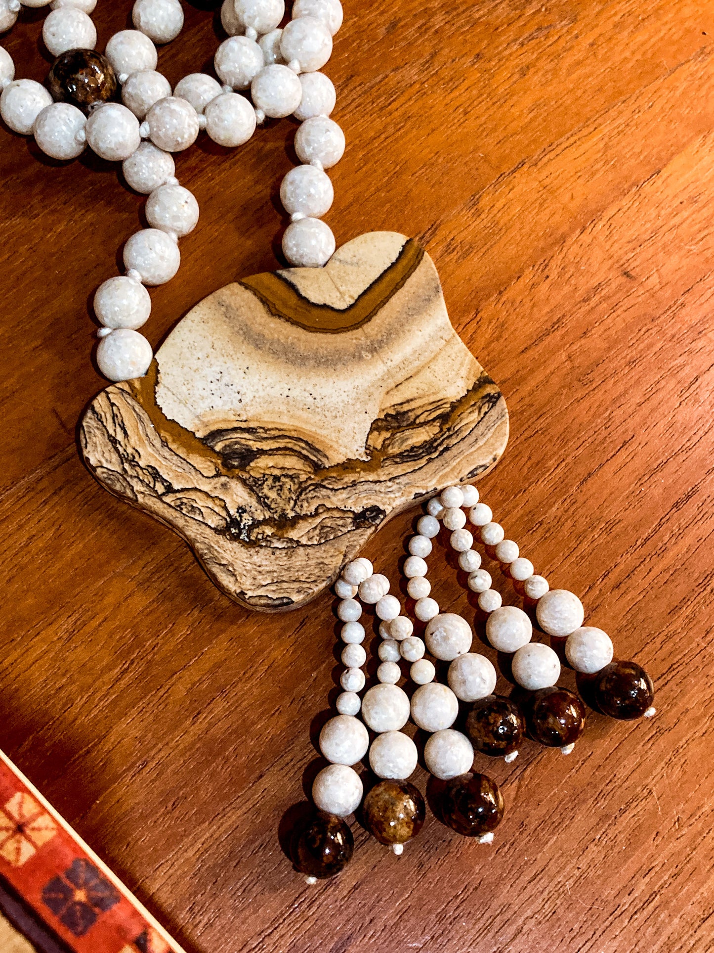 Stunning Natural Stone Pendant Hand Knotted Bead Tassel Statement Necklace
