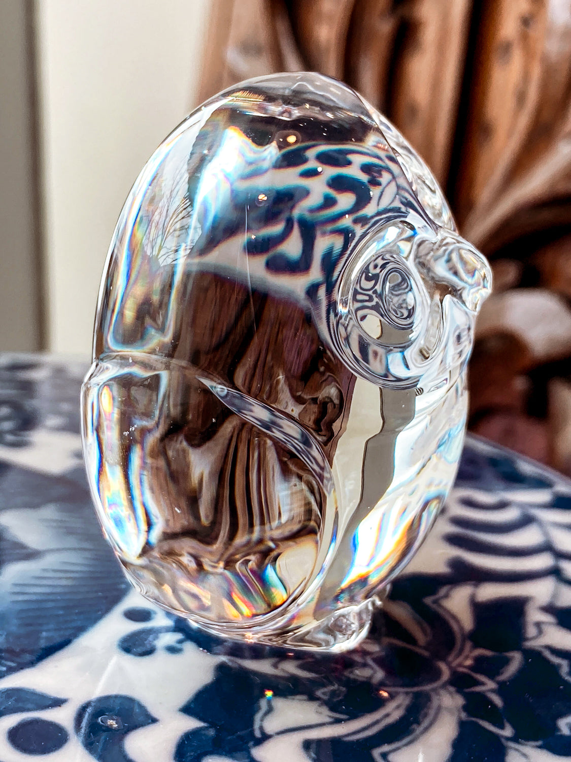 Petite Steuben Hand Cooler Stylized Clear Crystal Owl Figurine Sculpture