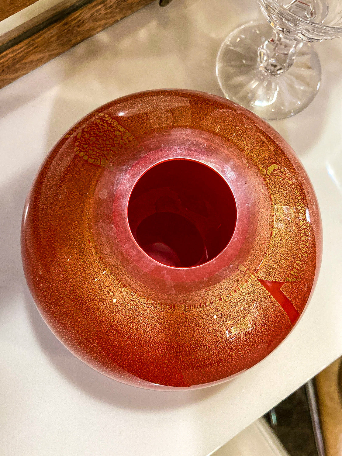 Scott Summerfield Handblown Red Gold Leaf Spherical Round Glass Vase