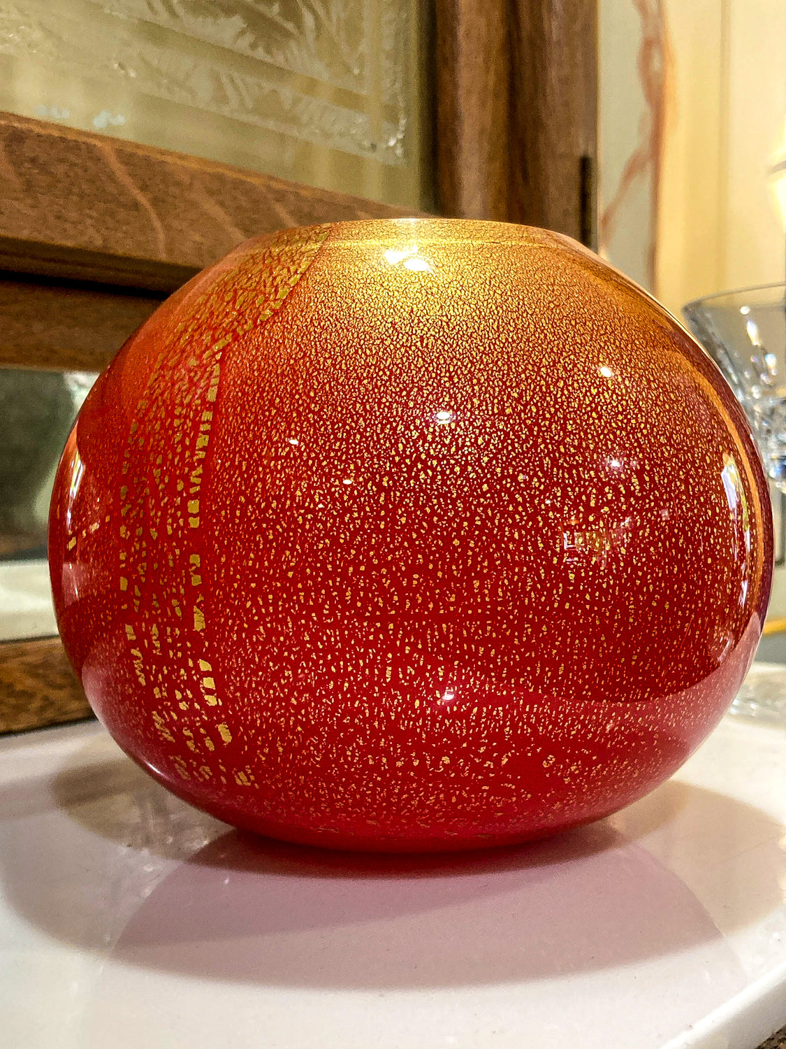 Scott Summerfield Handblown Red Gold Leaf Spherical Round Glass Vase