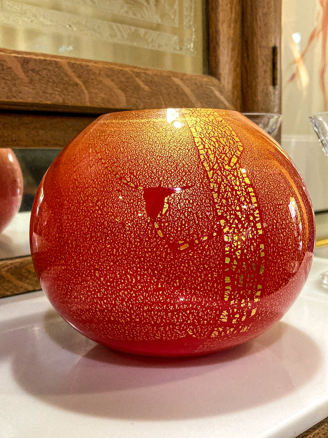 Scott Summerfield Handblown Red Gold Leaf Spherical Round Glass Vase
