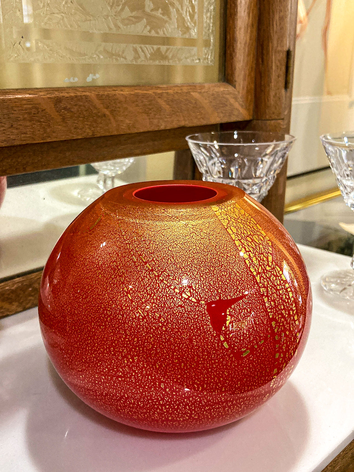 Scott Summerfield Handblown Red Gold Leaf Spherical Round Glass Vase
