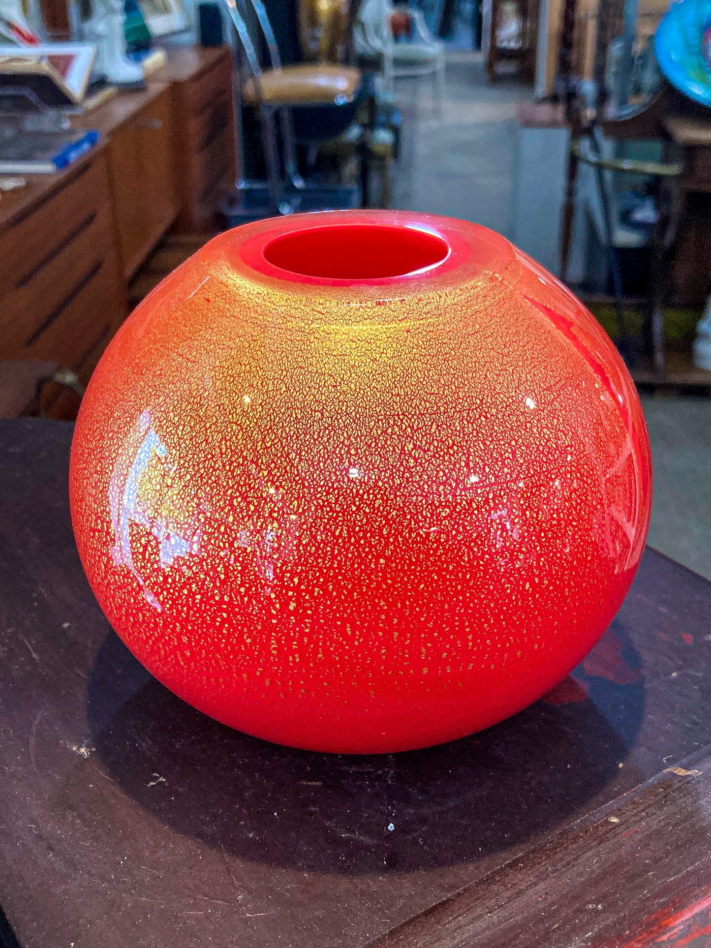 Scott Summerfield Handblown Red Gold Leaf Spherical Round Glass Vase