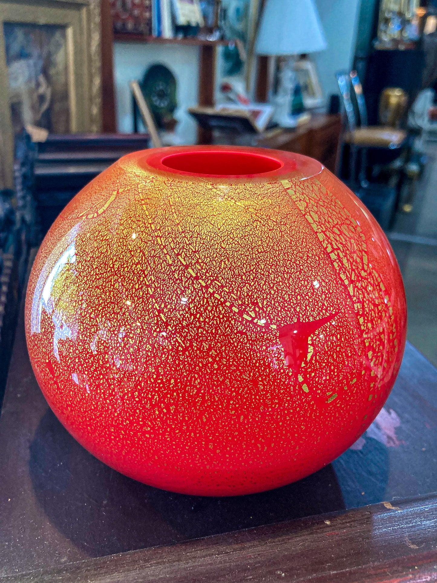 Scott Summerfield Handblown Red Gold Leaf Spherical Round Glass Vase
