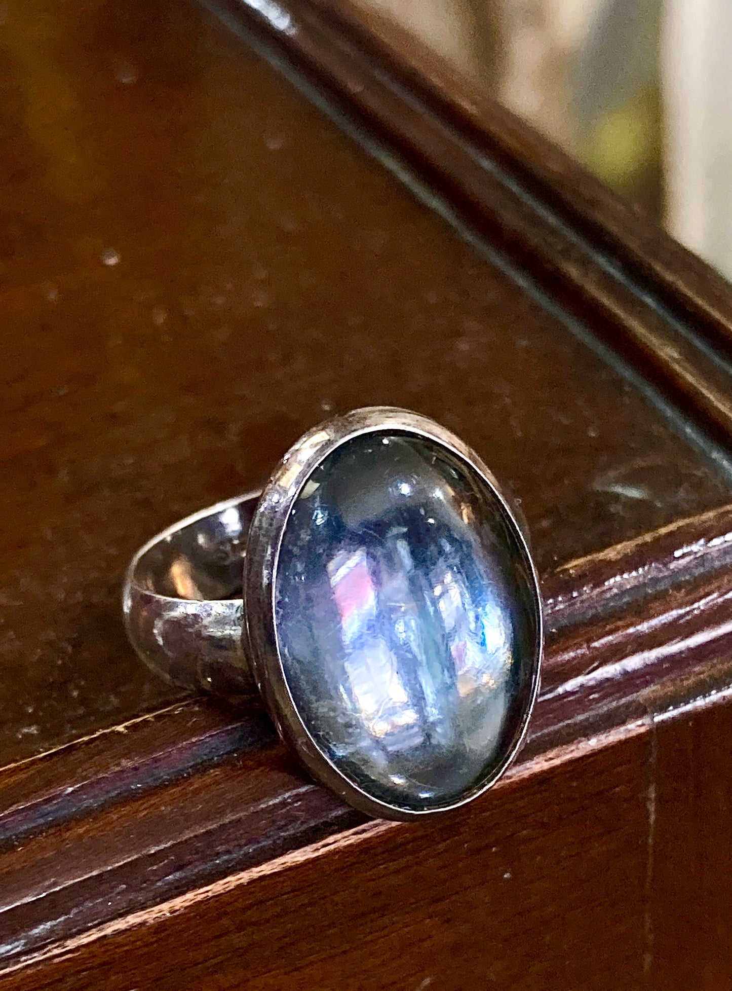 Sterling Silver Oval Moody Midnight Timeless Glass Cabochon Ring Size 6